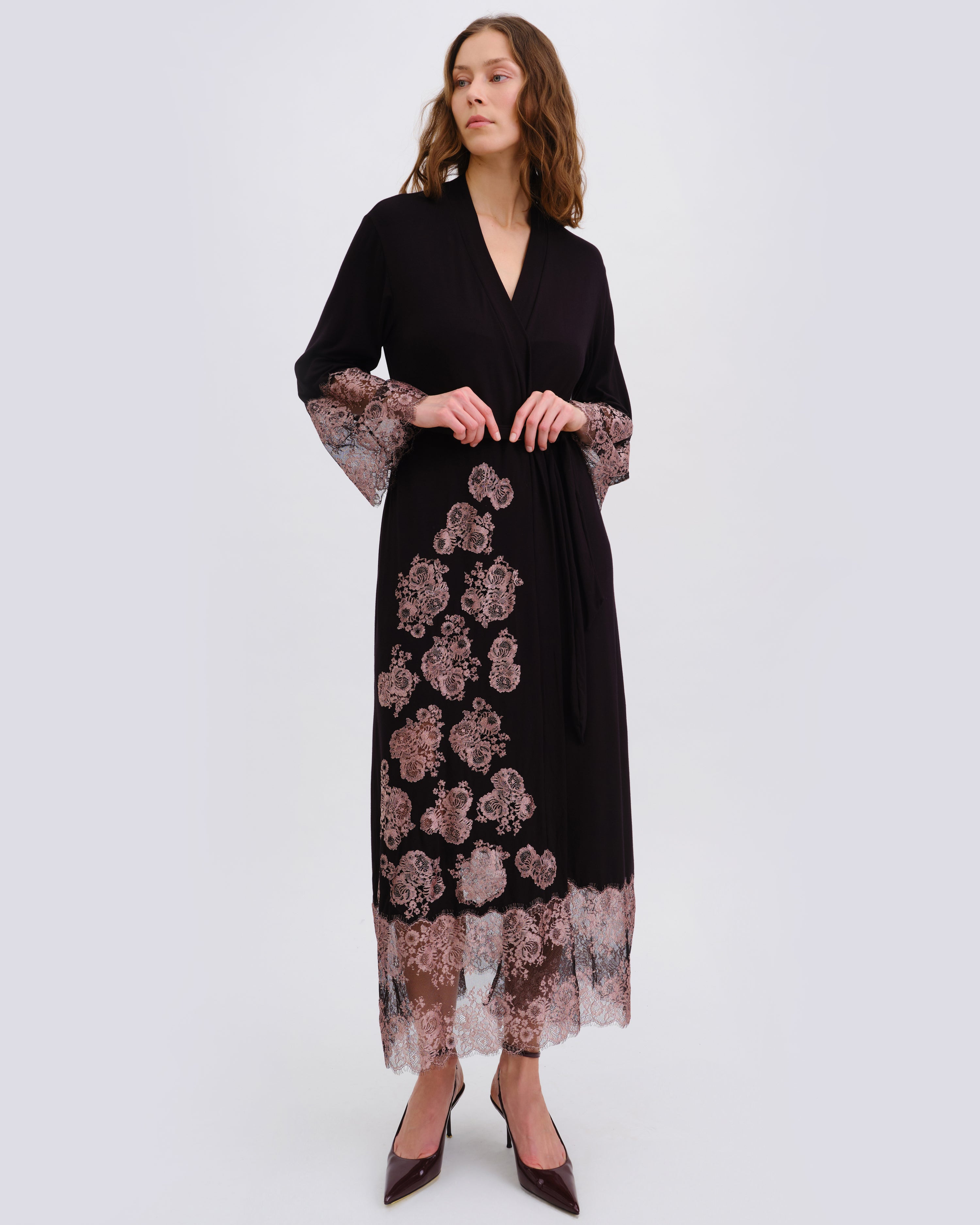 Bamboo long sleeve Robe 03348 black/mauve lace