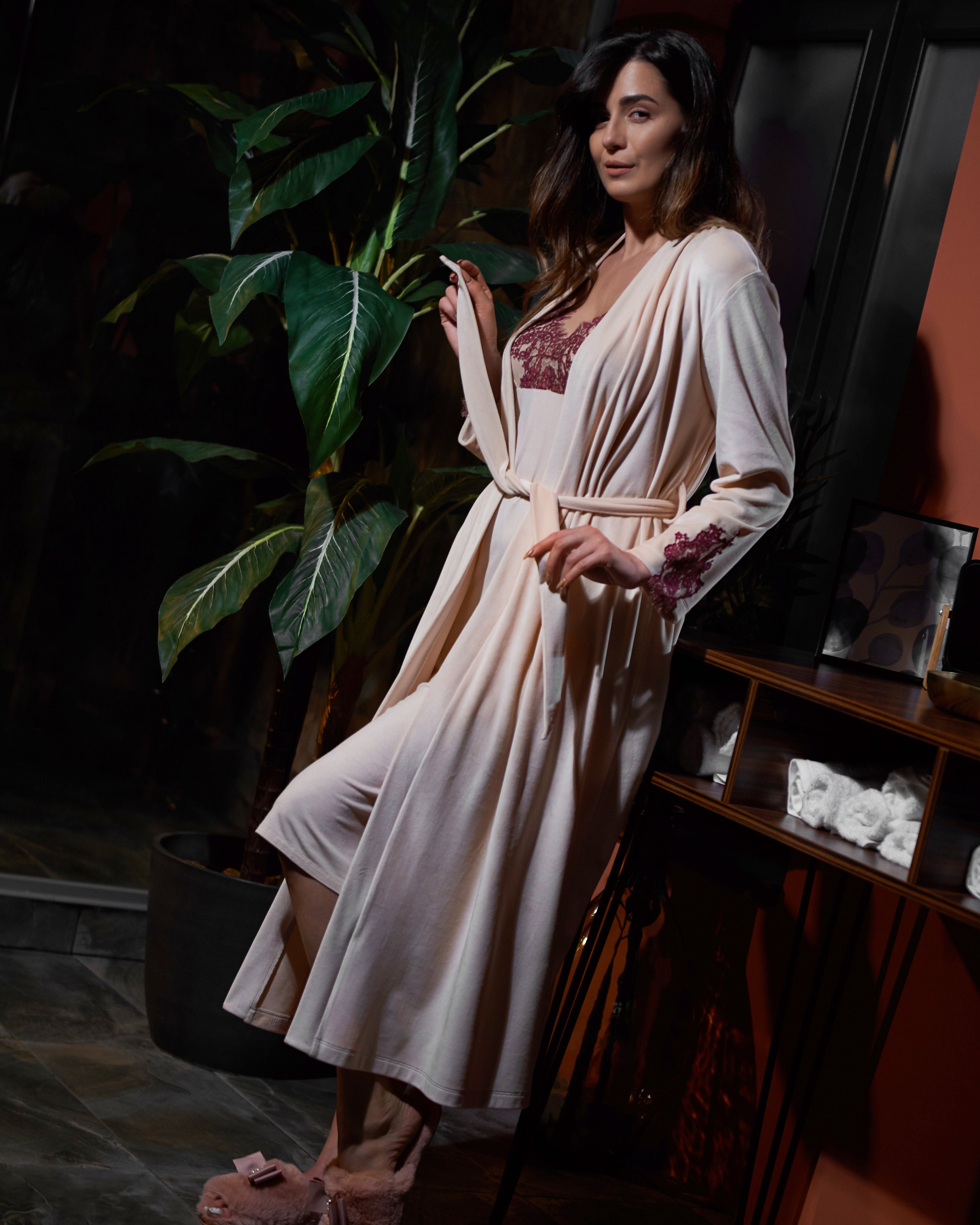 Velour long sleeve Robe 0388 ecru/marsal