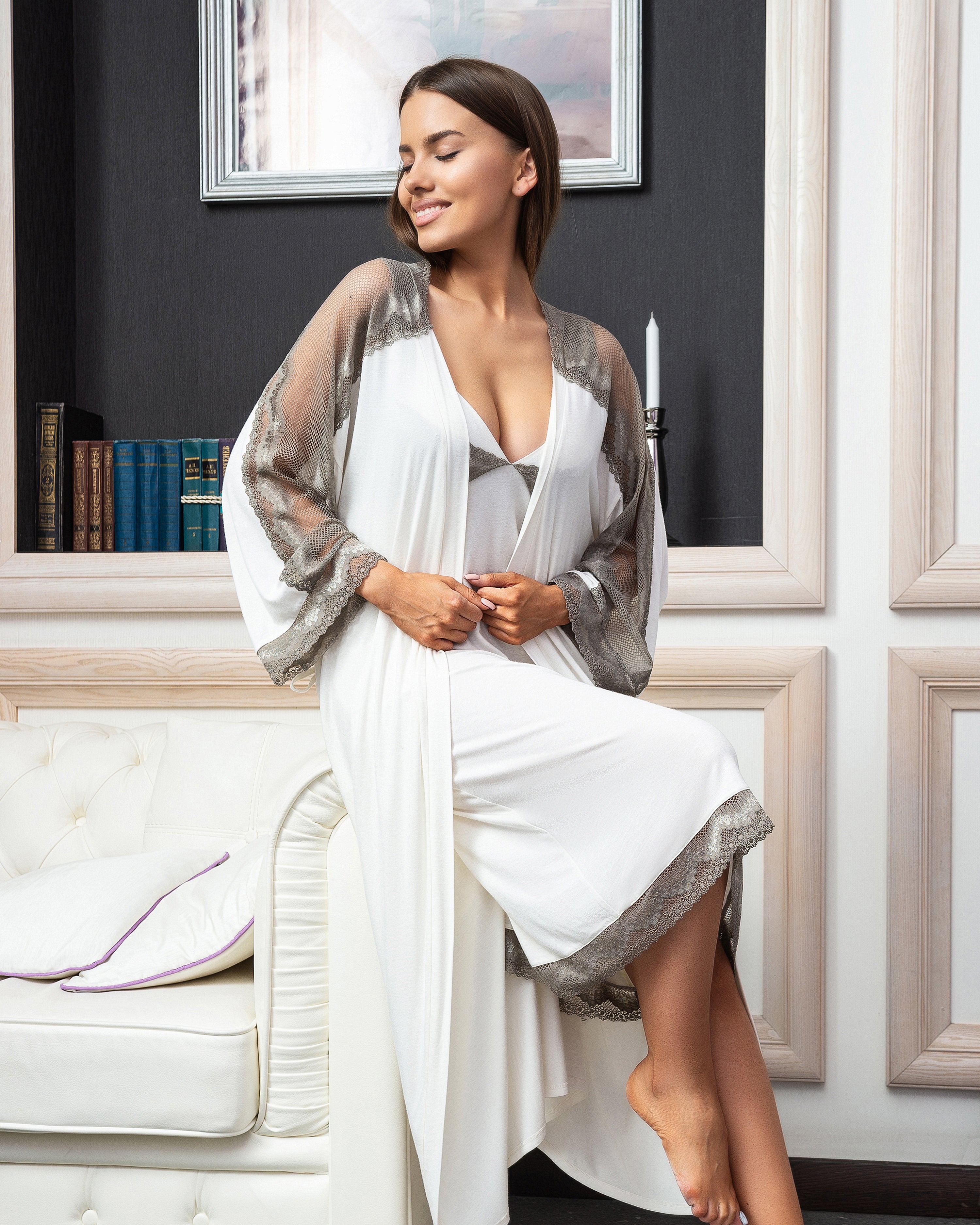 Bamboo 3/4 sleeve Robe 10202C ecru
