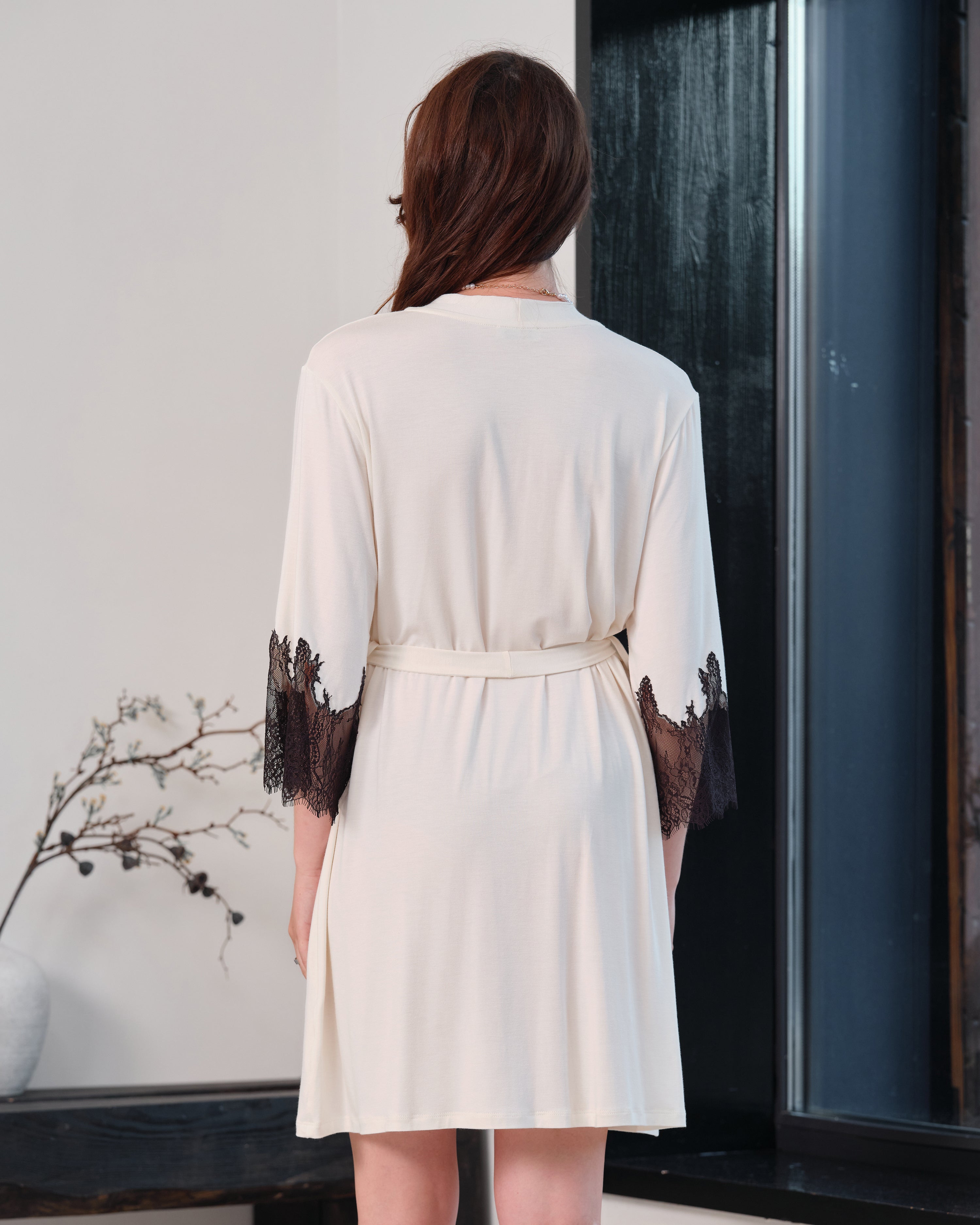 Bamboo 3/4 sleeve Robe 03332 ivory/black