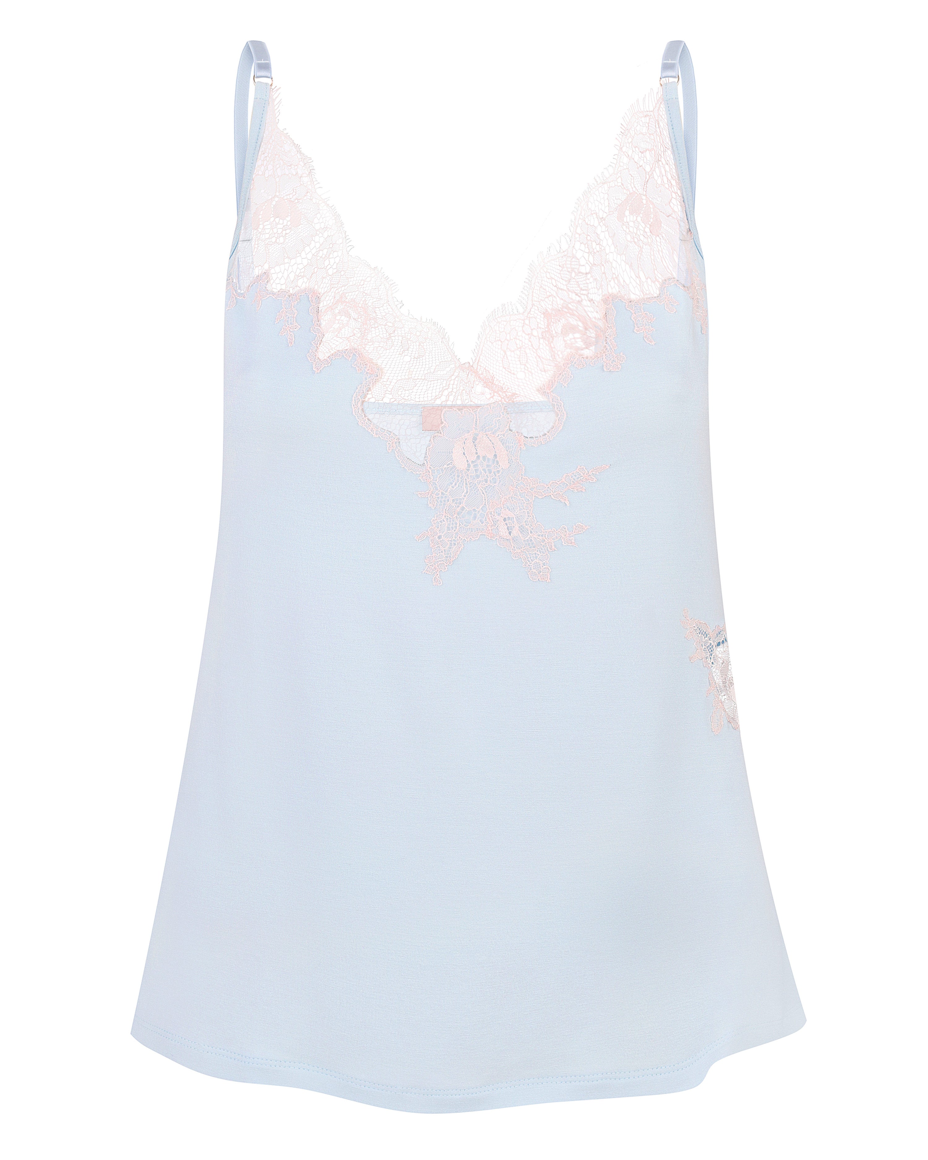 Effetto bamboo cami shorts set 03163 – women's sleepwear, icy blue
Light blue lace-trimmed nightgown on a white background