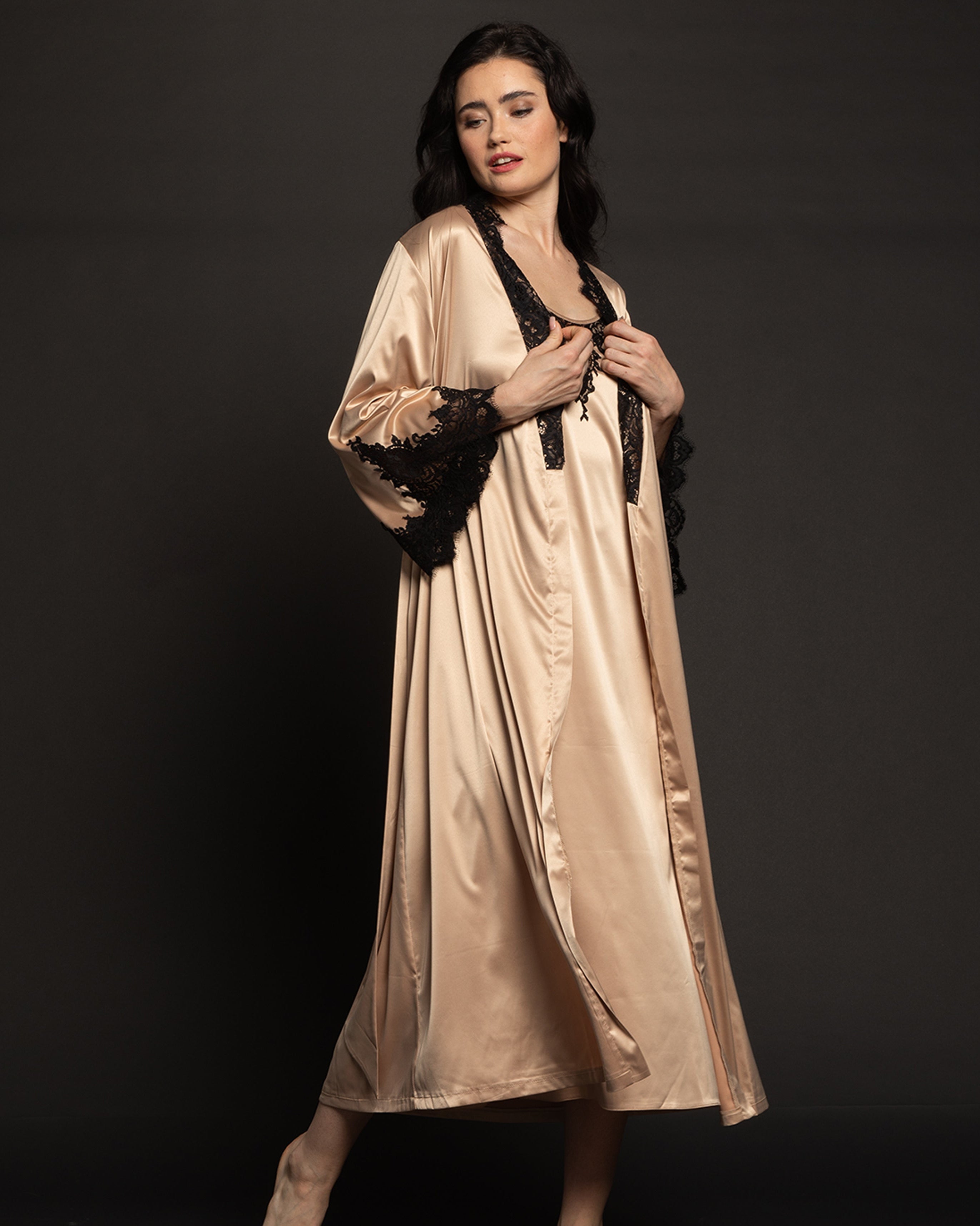 Satin long Robe S03186 beige