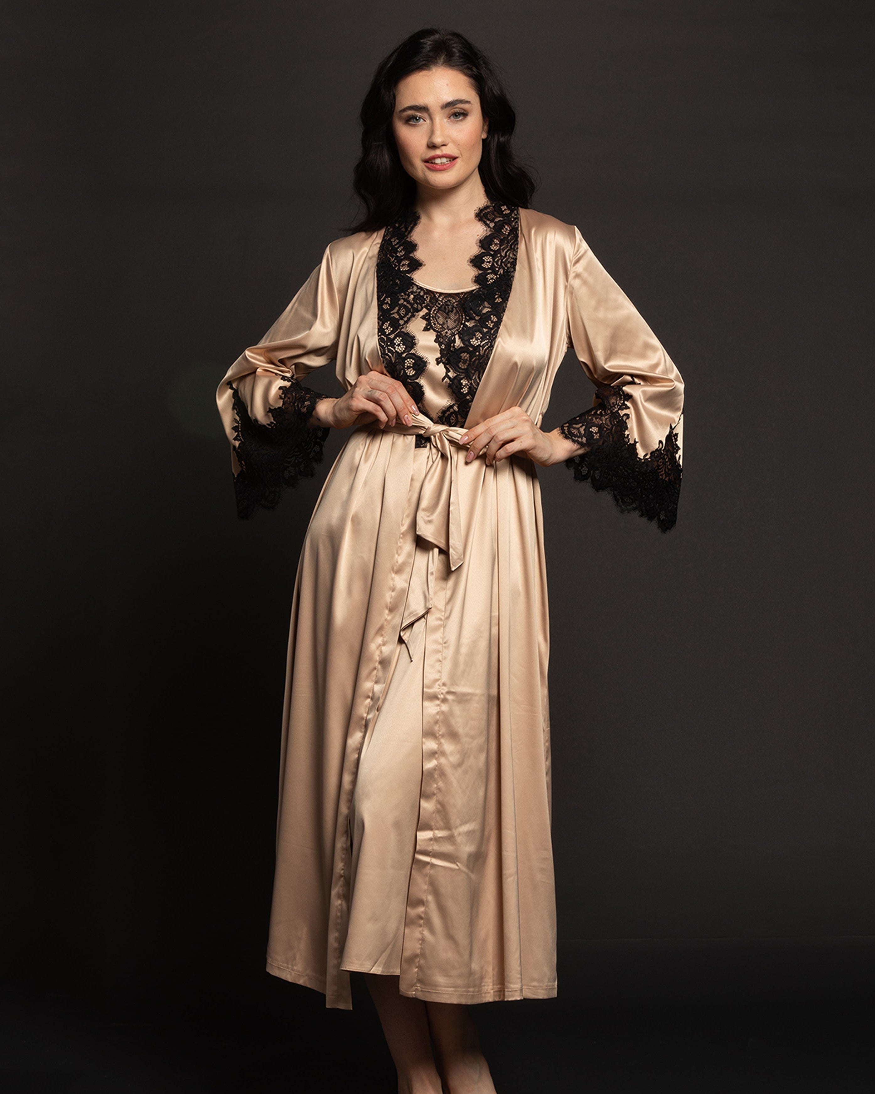 Satin long Robe S03186 beige