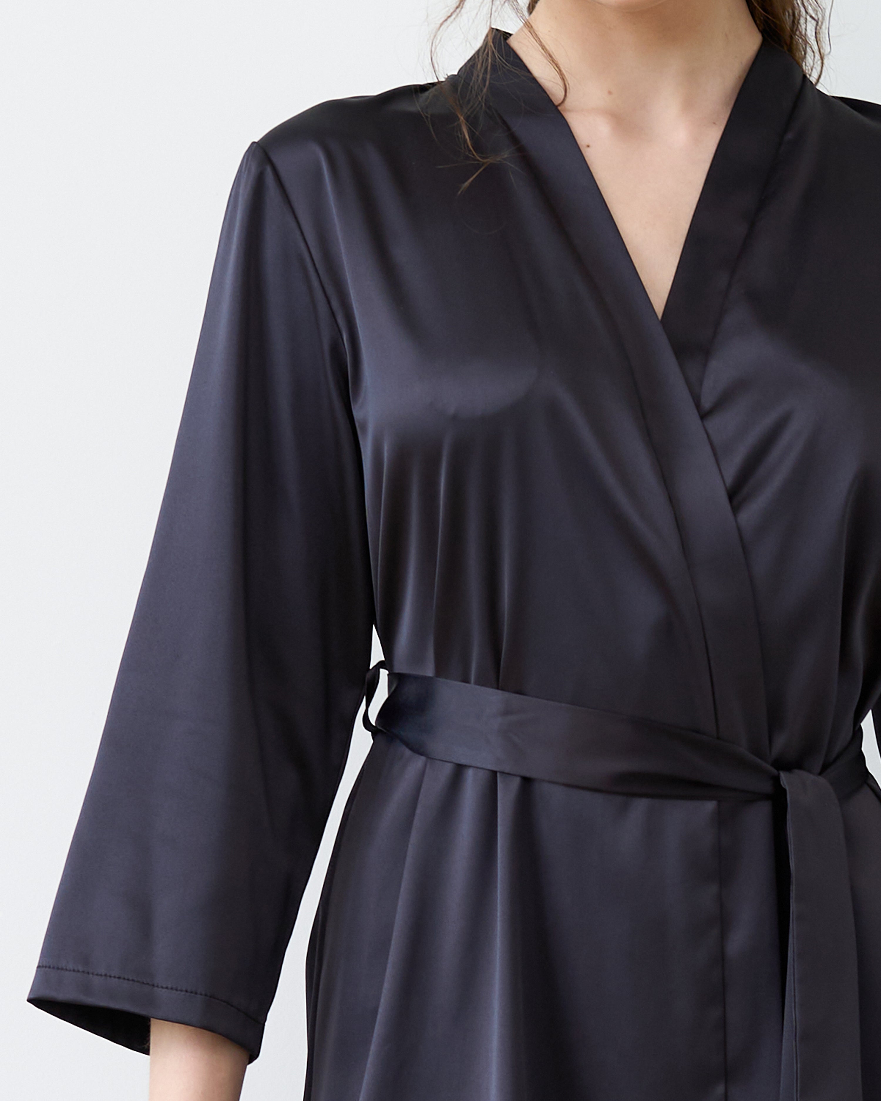 Satin 3/4 sleeve Robe S03200 black