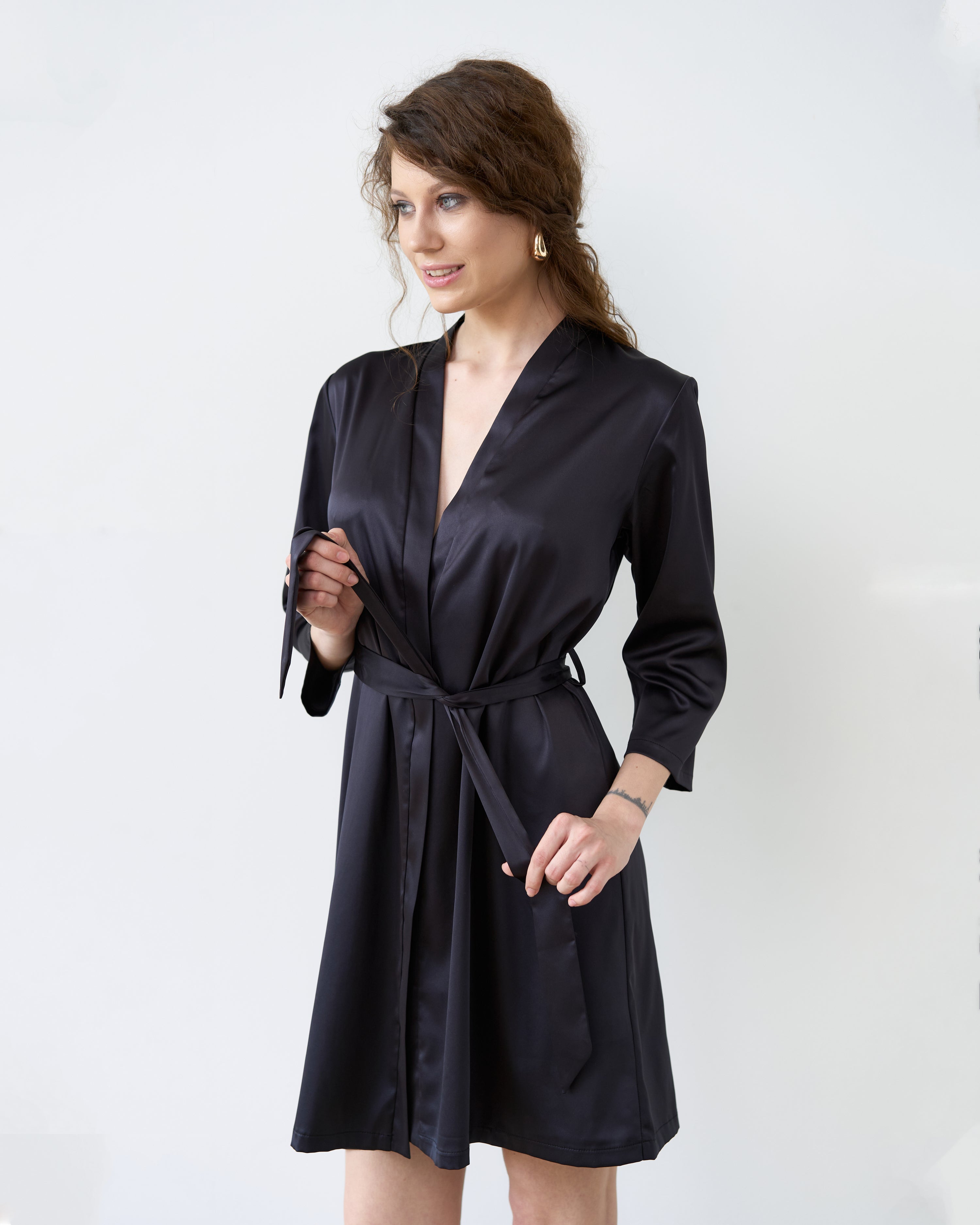 Satin 3/4 sleeve Robe S03200 black