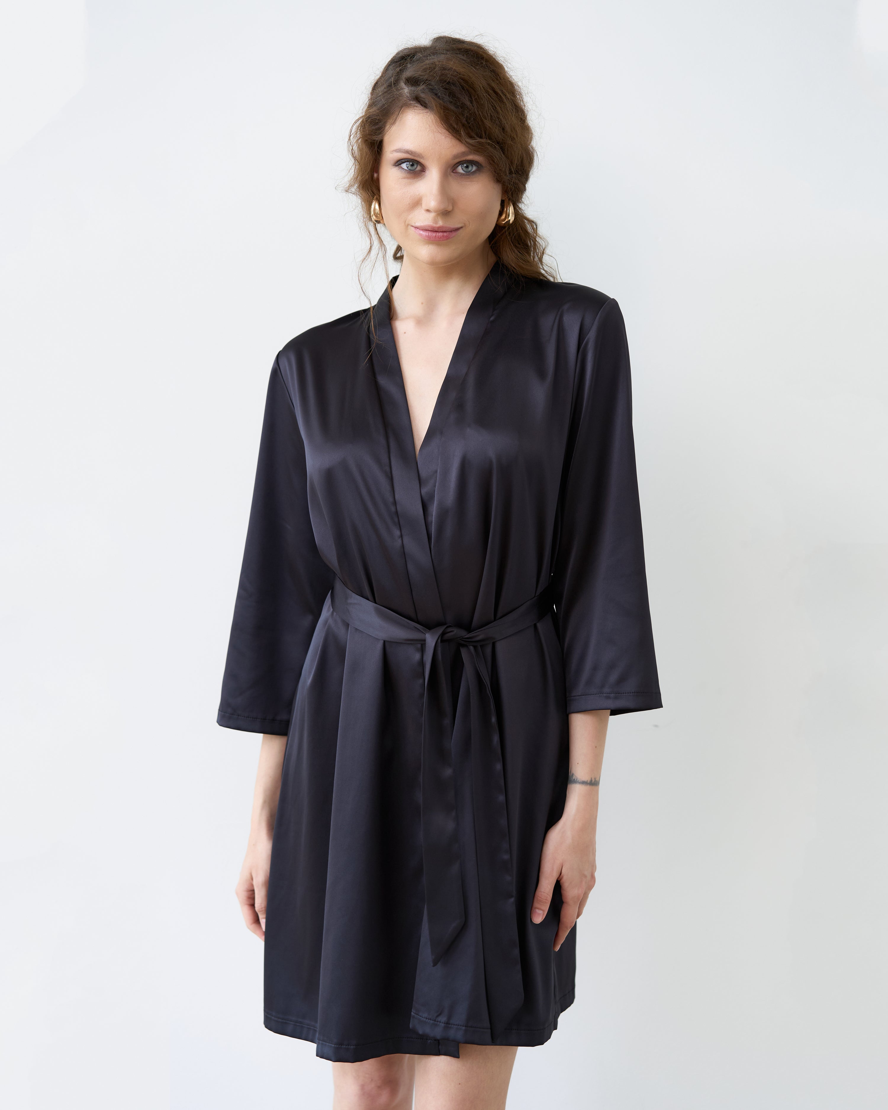 Satin 3/4 sleeve Robe S03200 black