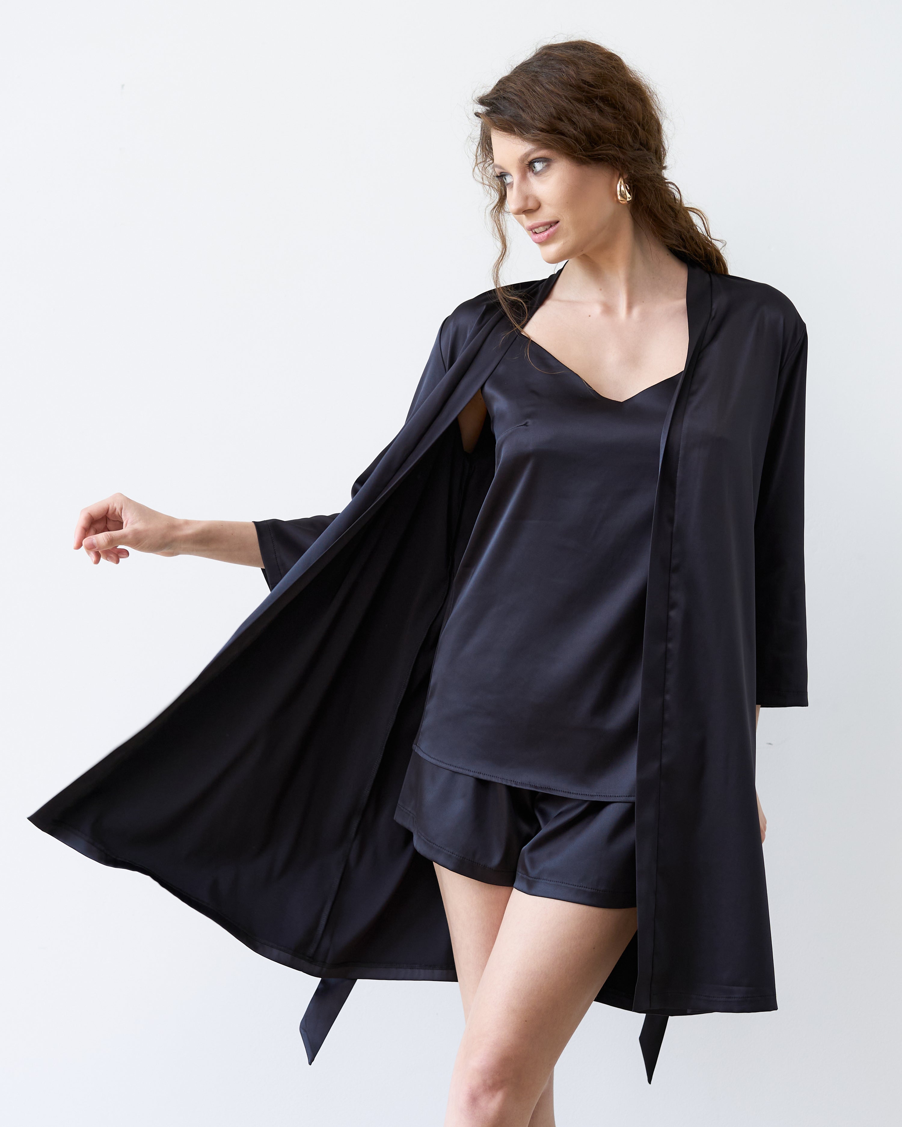 Satin 3/4 sleeve Robe S03200 black