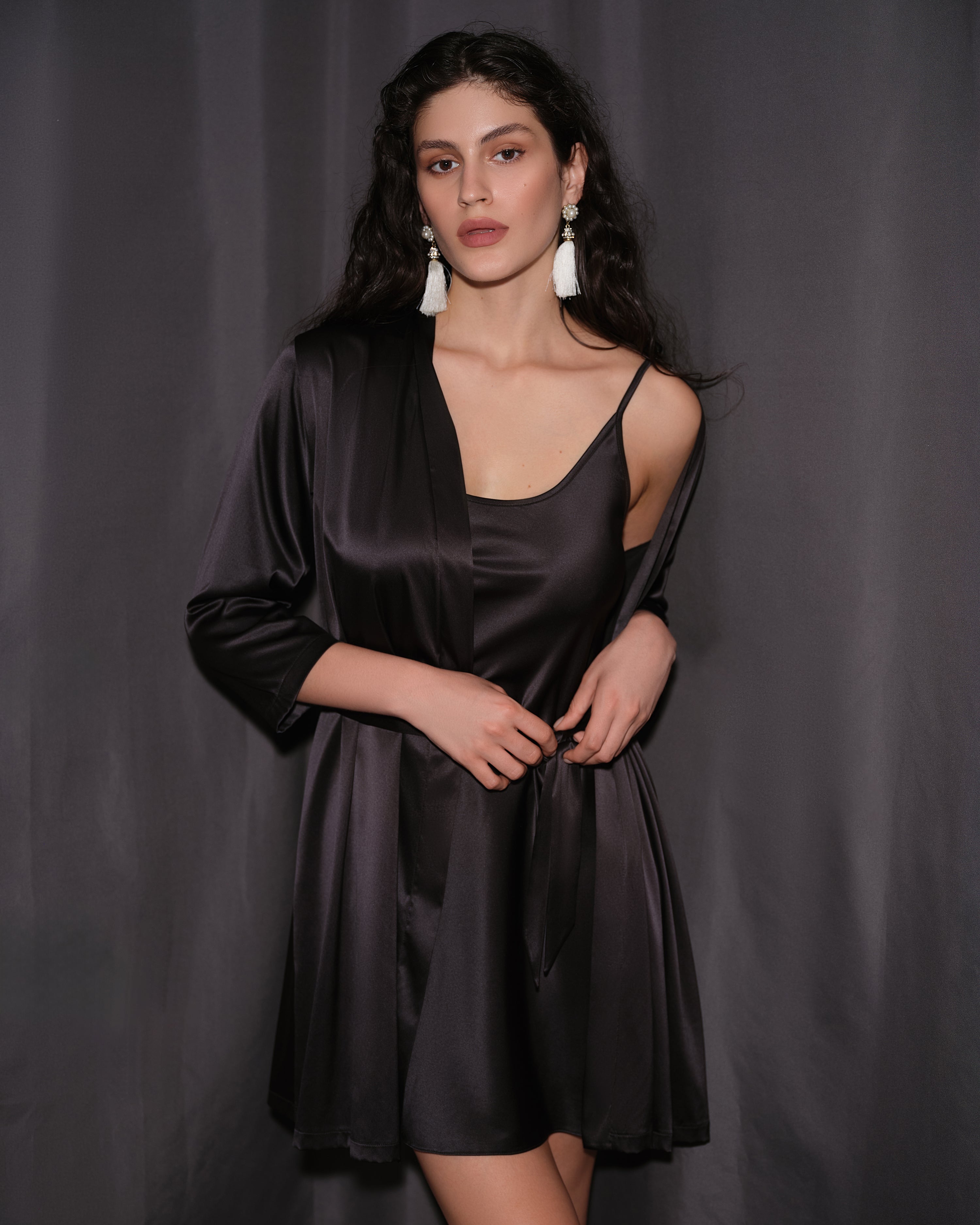 Satin 3/4 sleeve Robe S03200 black