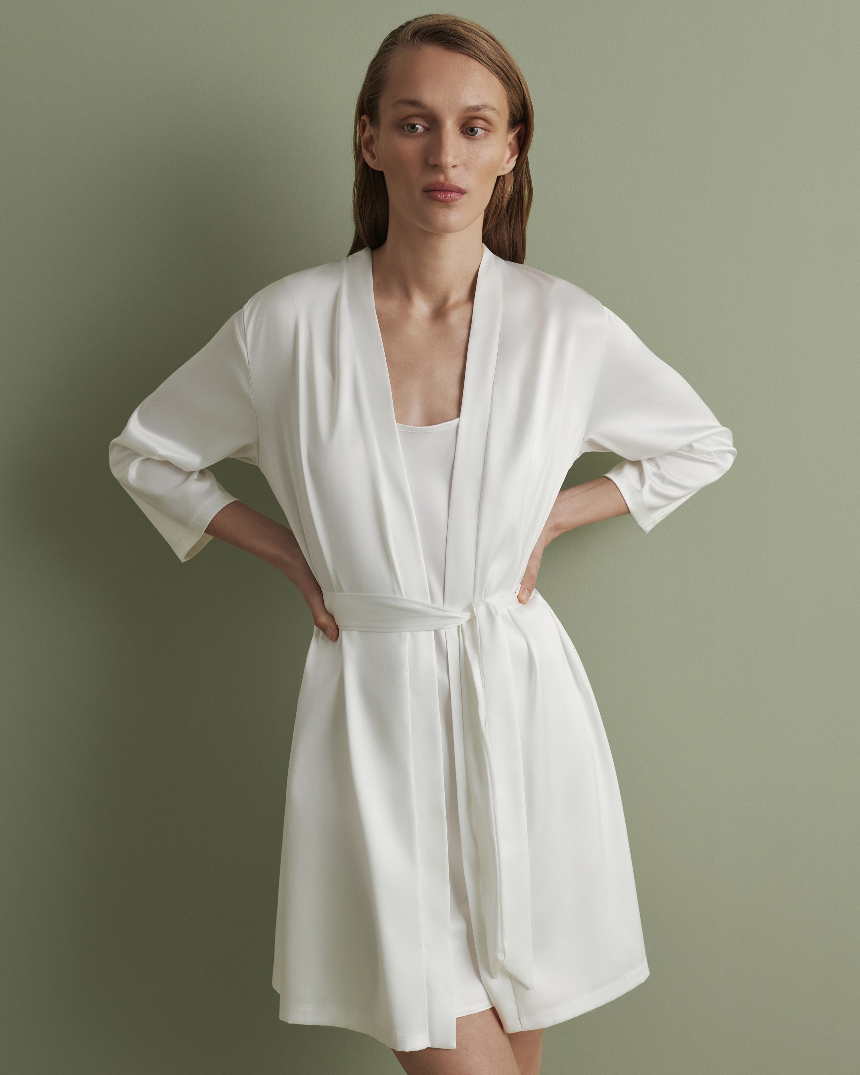 Satin 3/4 sleeve Robe S03200 white