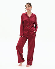 Satin button-up long sleeve Pajama set S03401 burgundy
