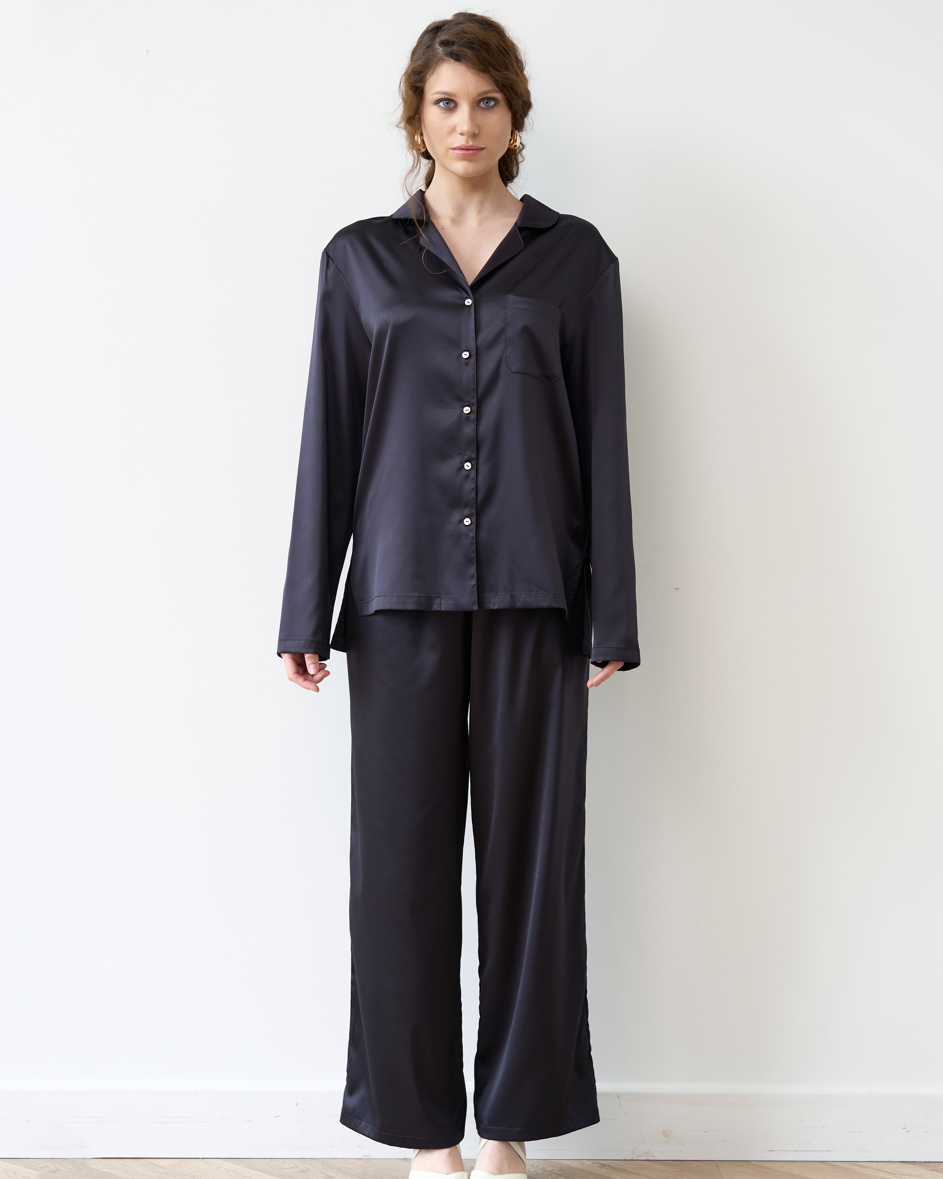 Satin button-up long sleeve Pajama set S03401 black