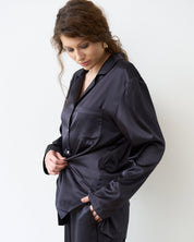 Satin button-up long sleeve Pajama set S03401 black