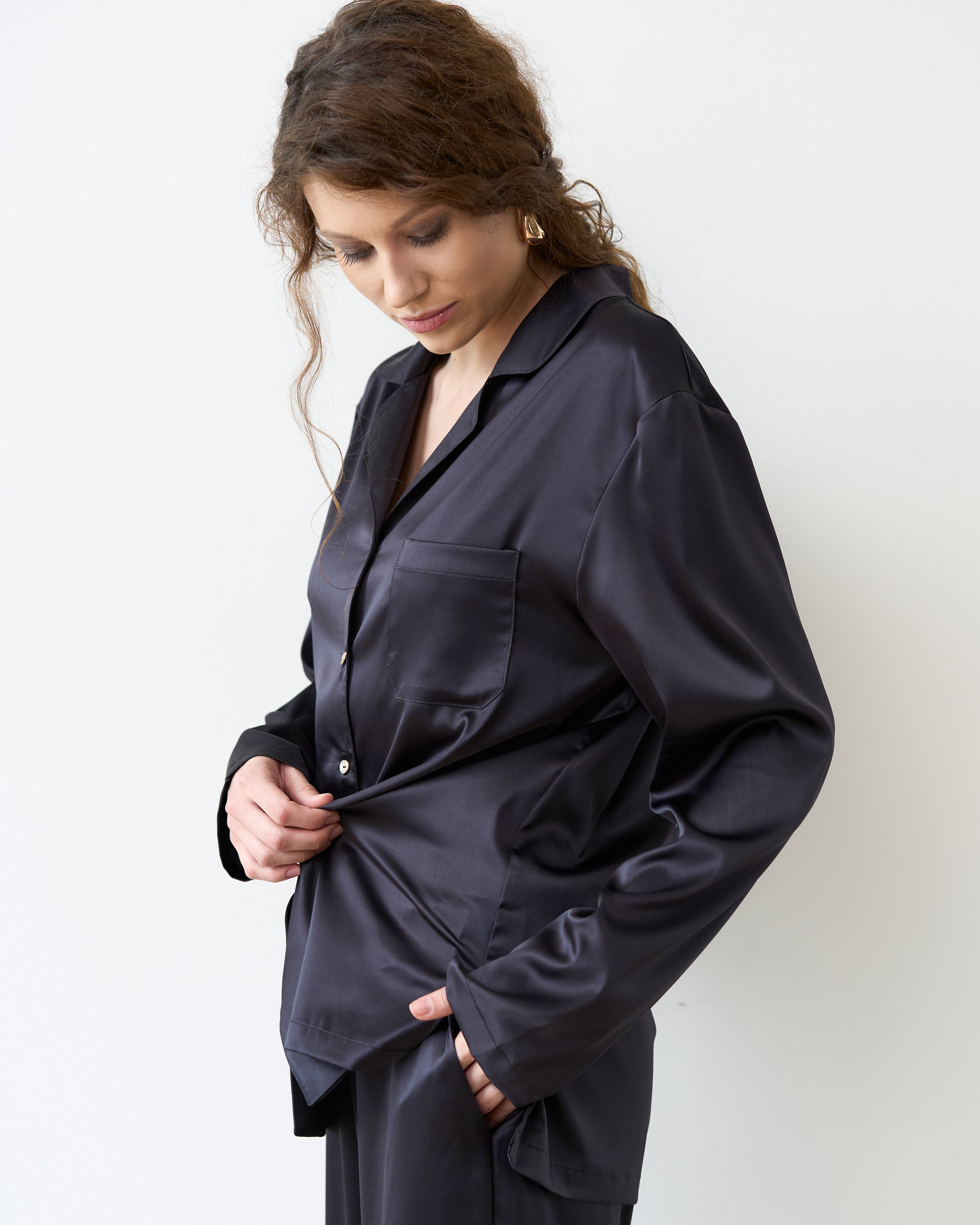 Satin button-up long sleeve Pajama set S03401 black