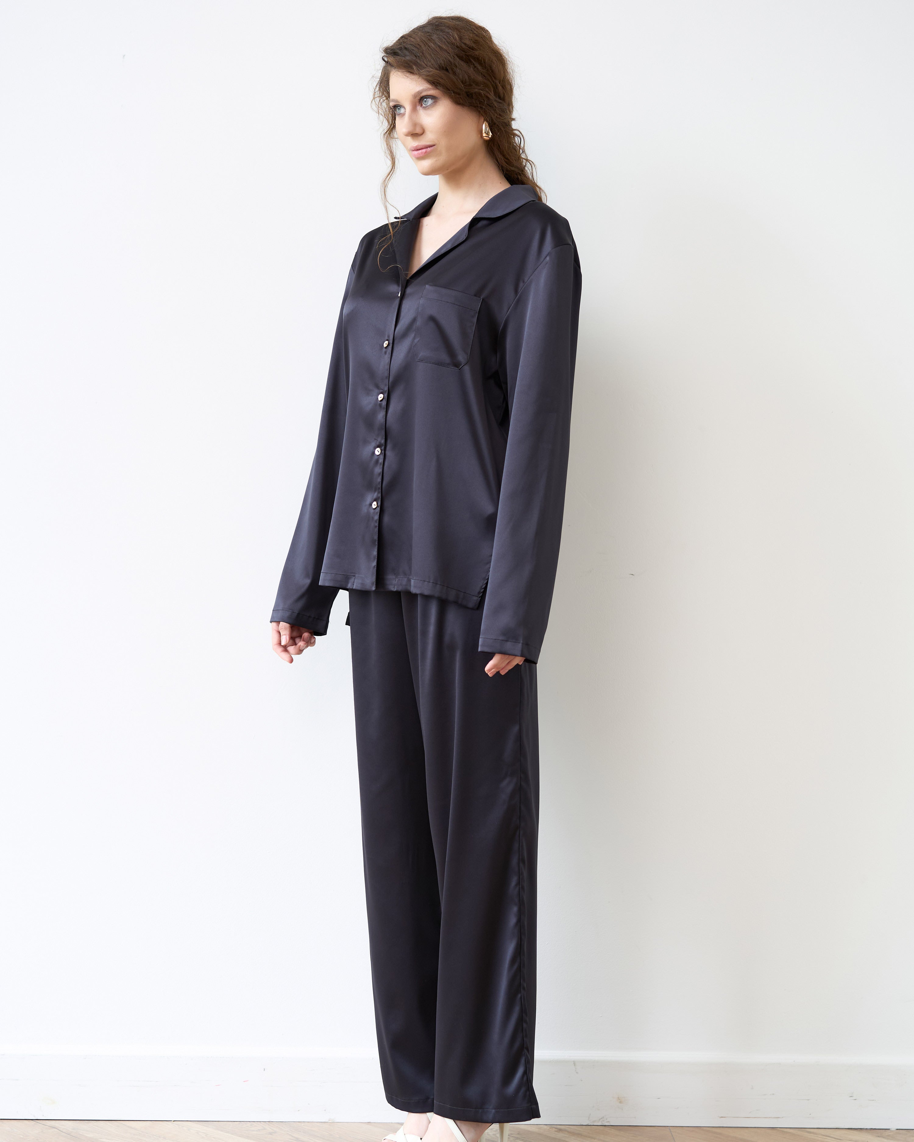 Satin button-up long sleeve Pajama set S03401 black