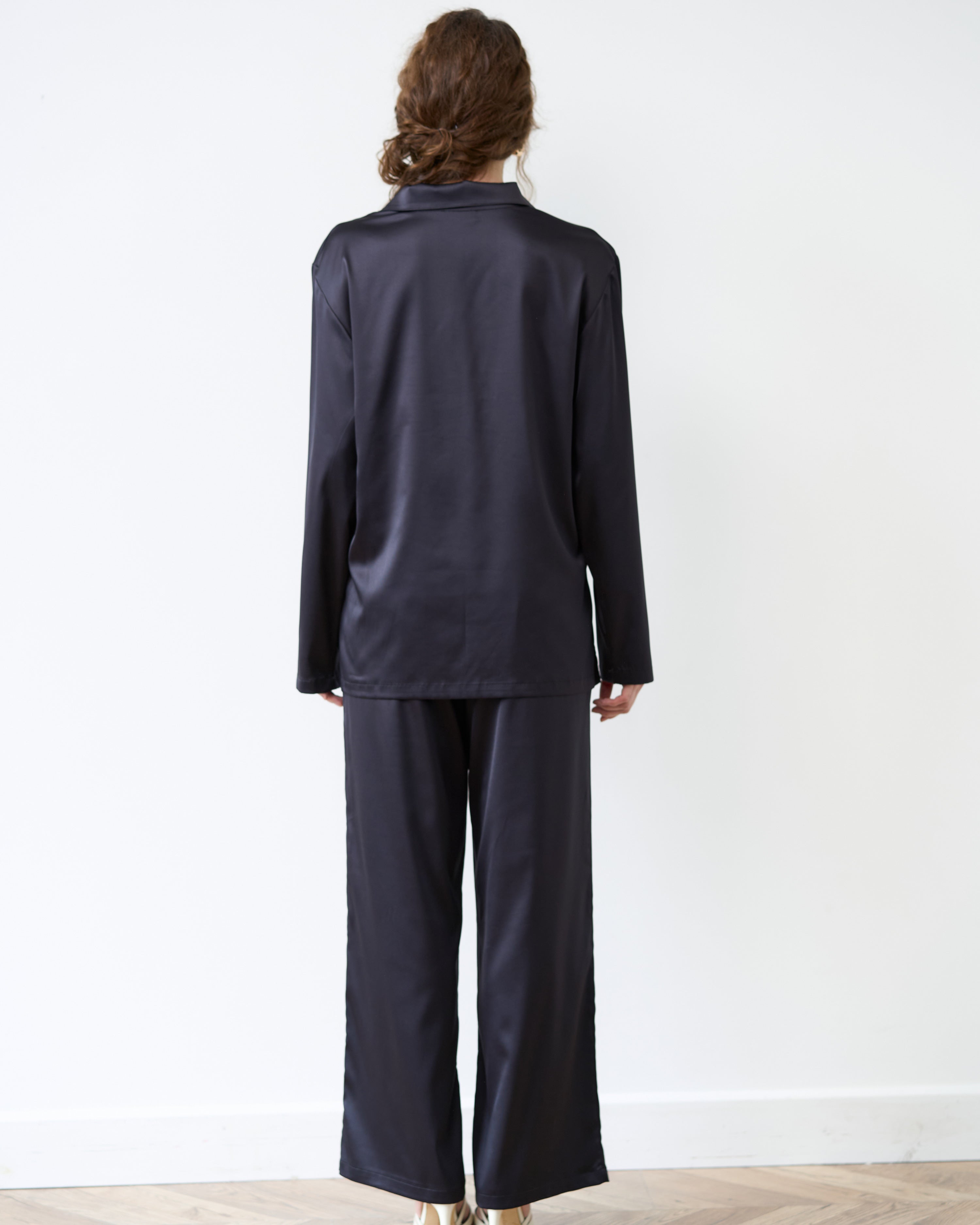 Satin button-up long sleeve Pajama set S03401 black