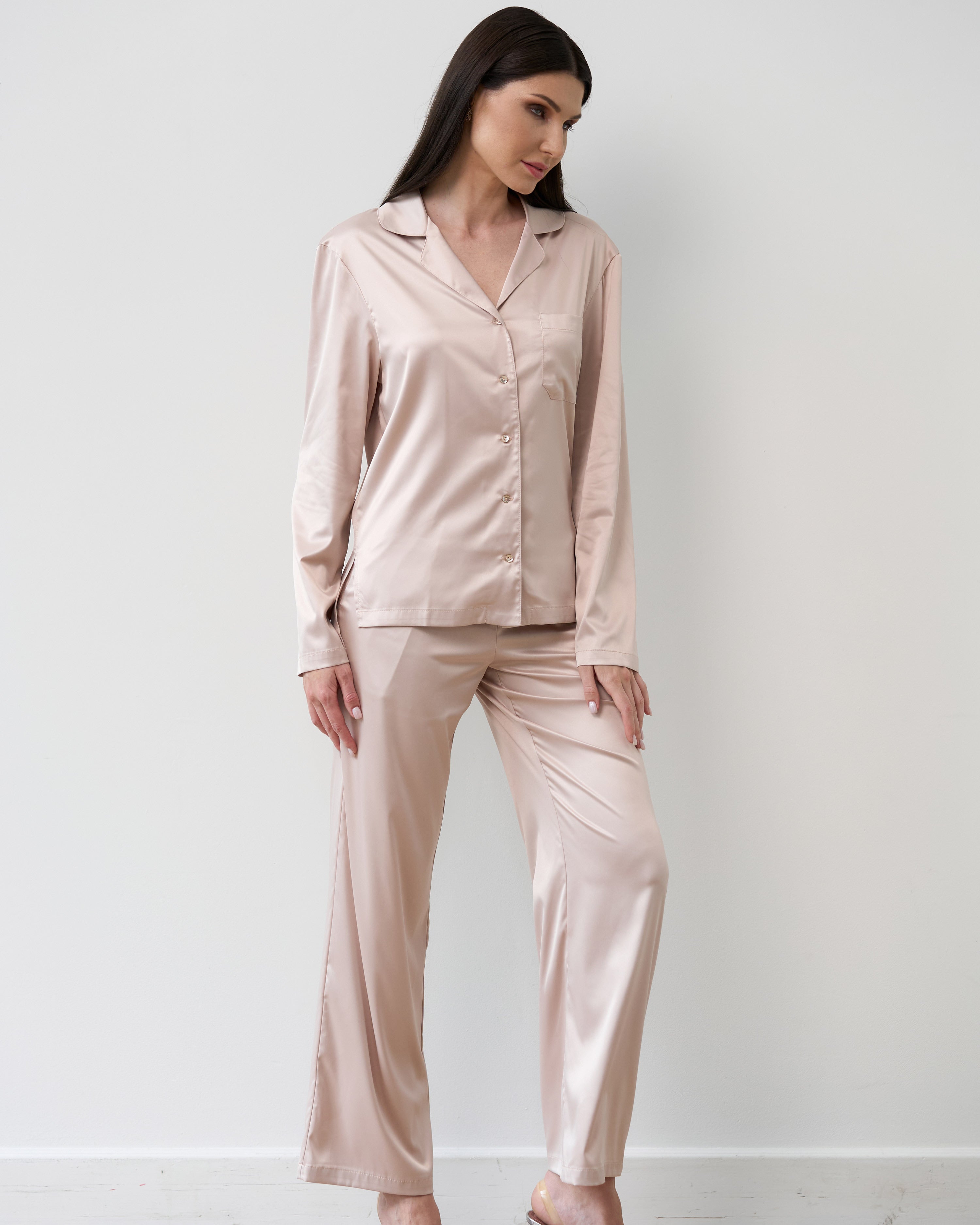 Satin button-up long sleeve Pajama set S03401 blush