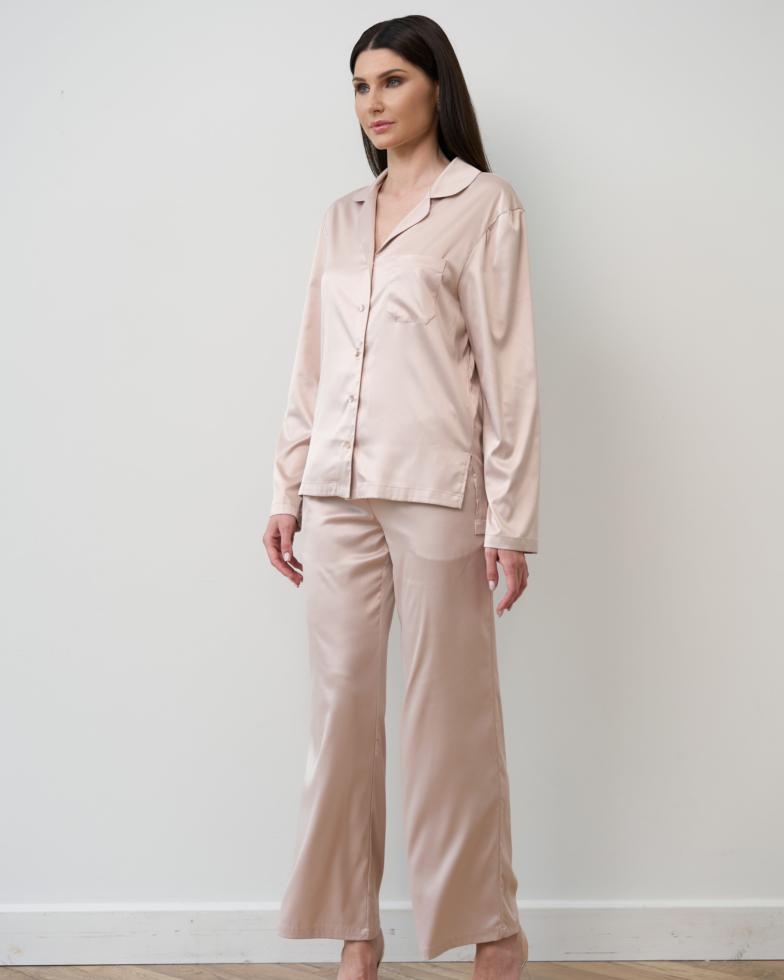 Satin button-up long sleeve Pajama set S03401 blush
