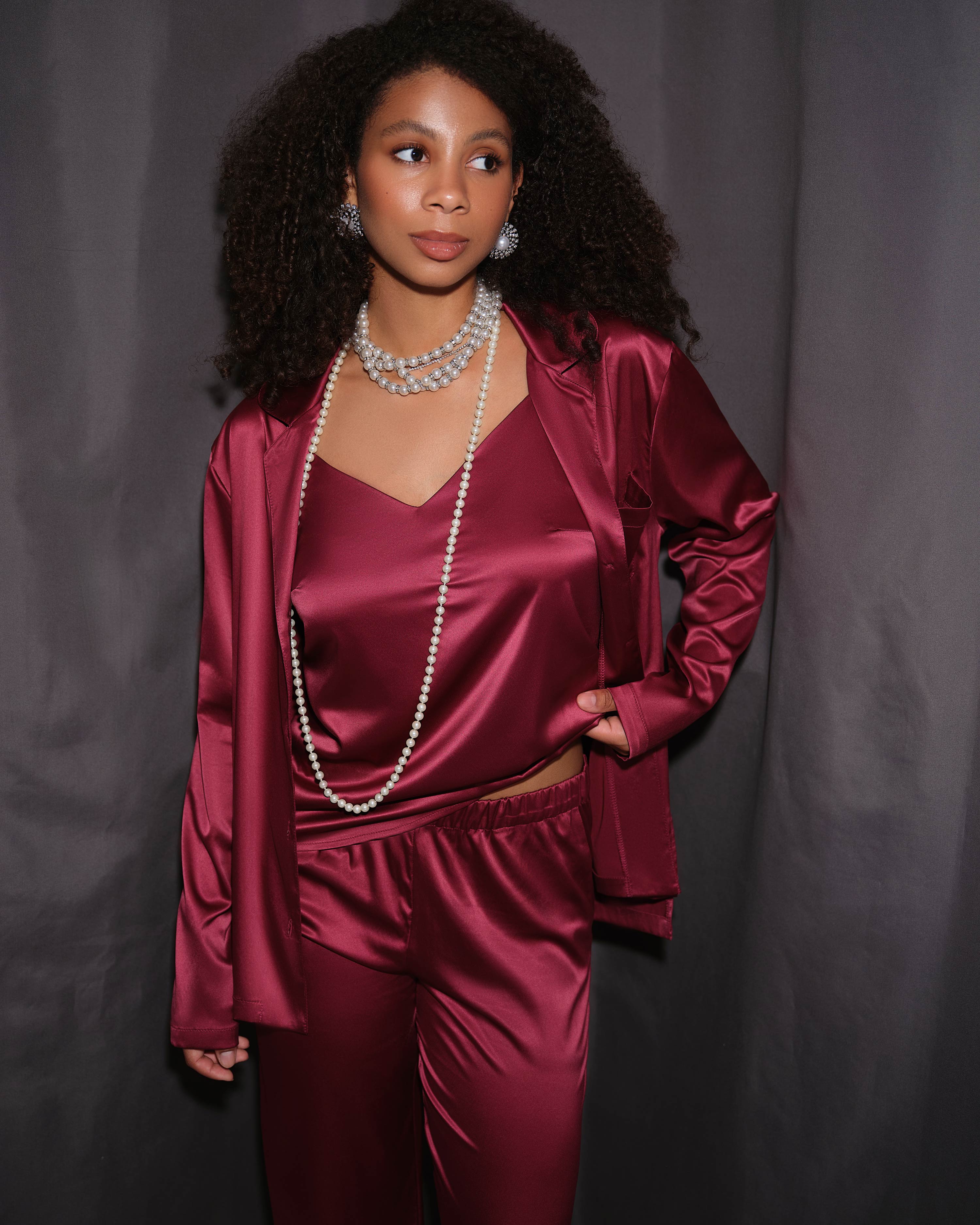 Satin button-up long sleeve Pajama set S03401 burgundy