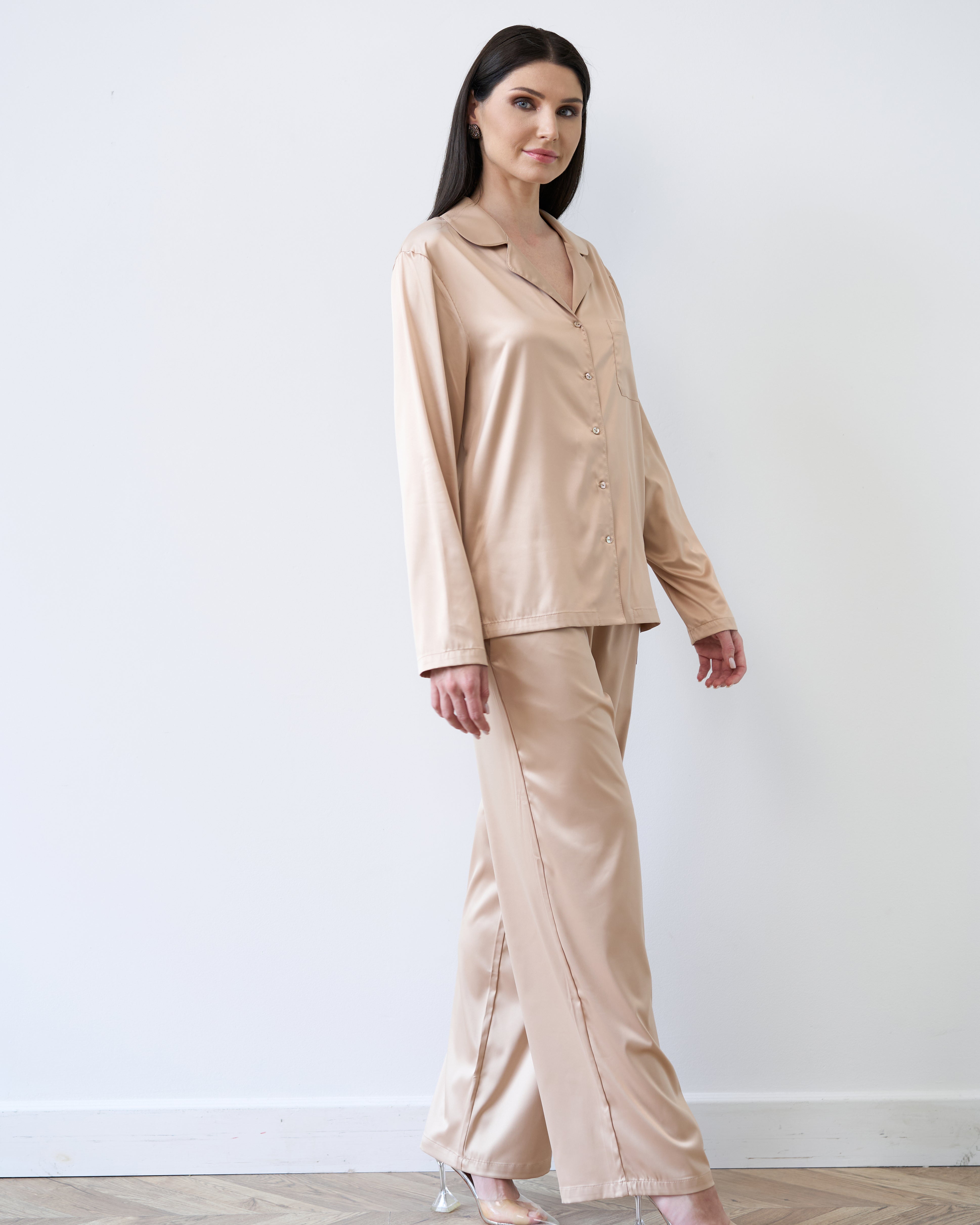 Satin button-up long sleeve Pajama set S03401 gold