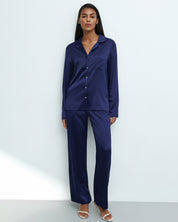 Satin button-up long sleeve Pajama set S03401 navy