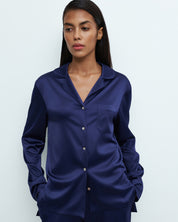 Satin button-up long sleeve Pajama set S03401 navy