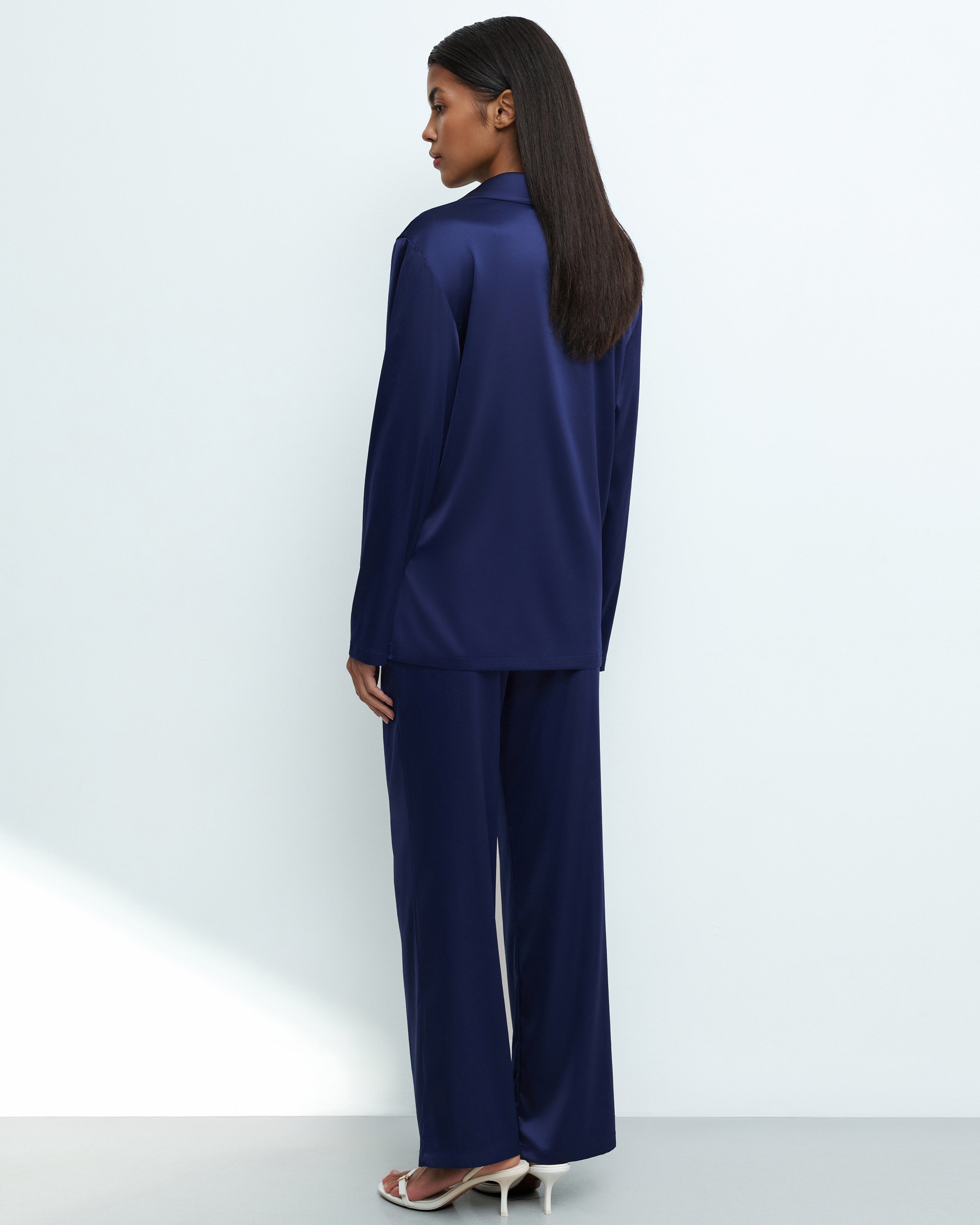 Satin button-up long sleeve Pajama set S03401 navy