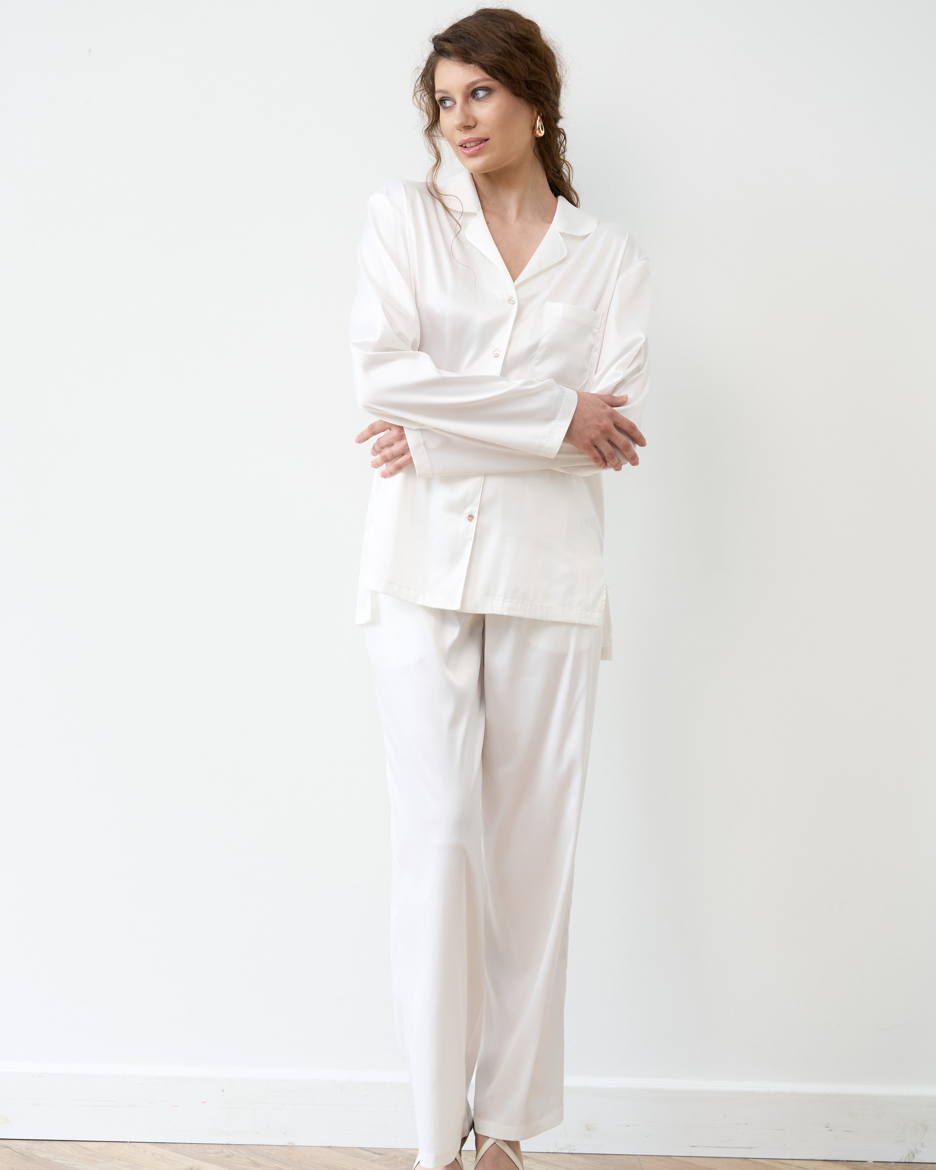 Satin button-up long sleeve Pajama set S03401 white