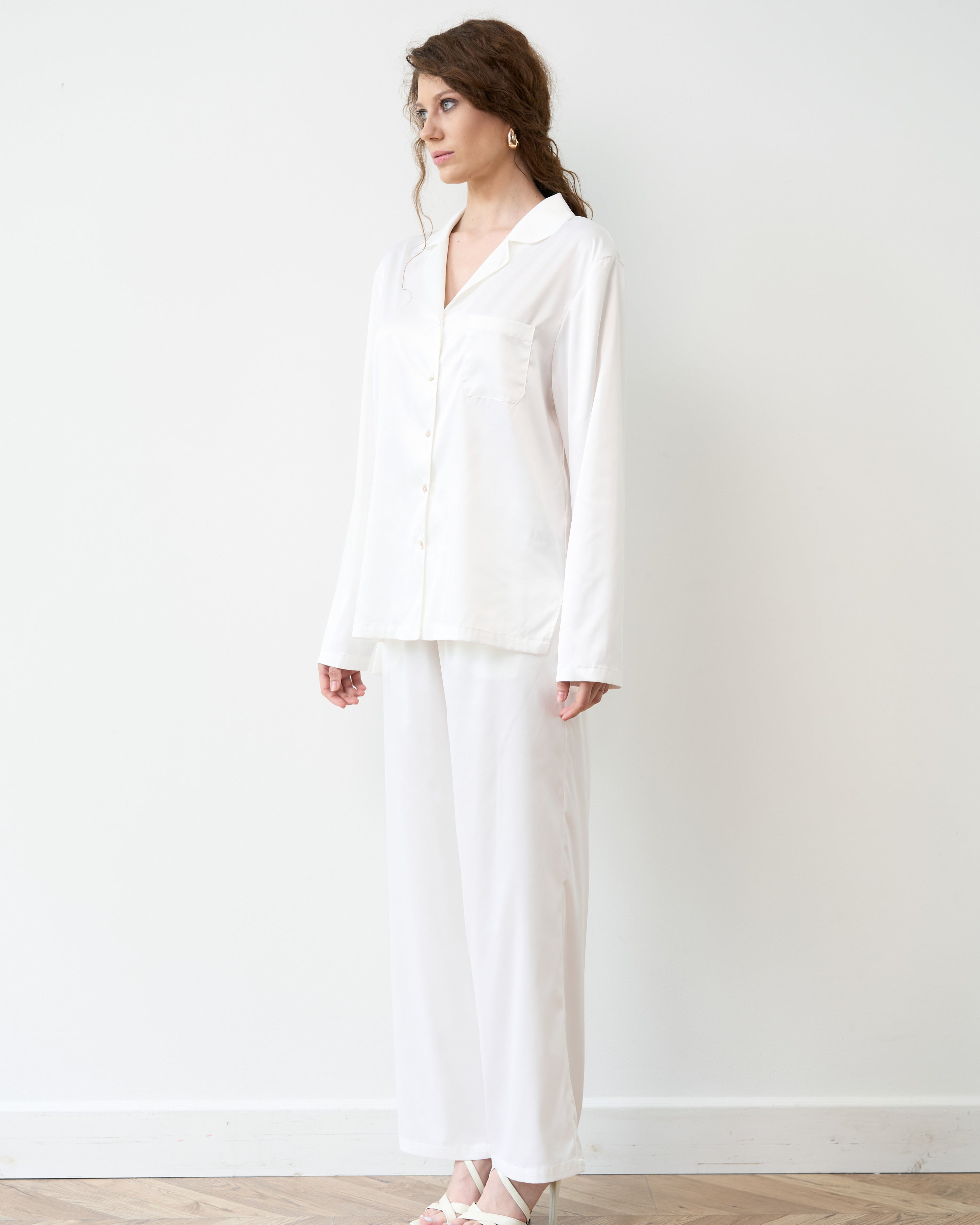 Satin button-up long sleeve Pajama set S03401 white
