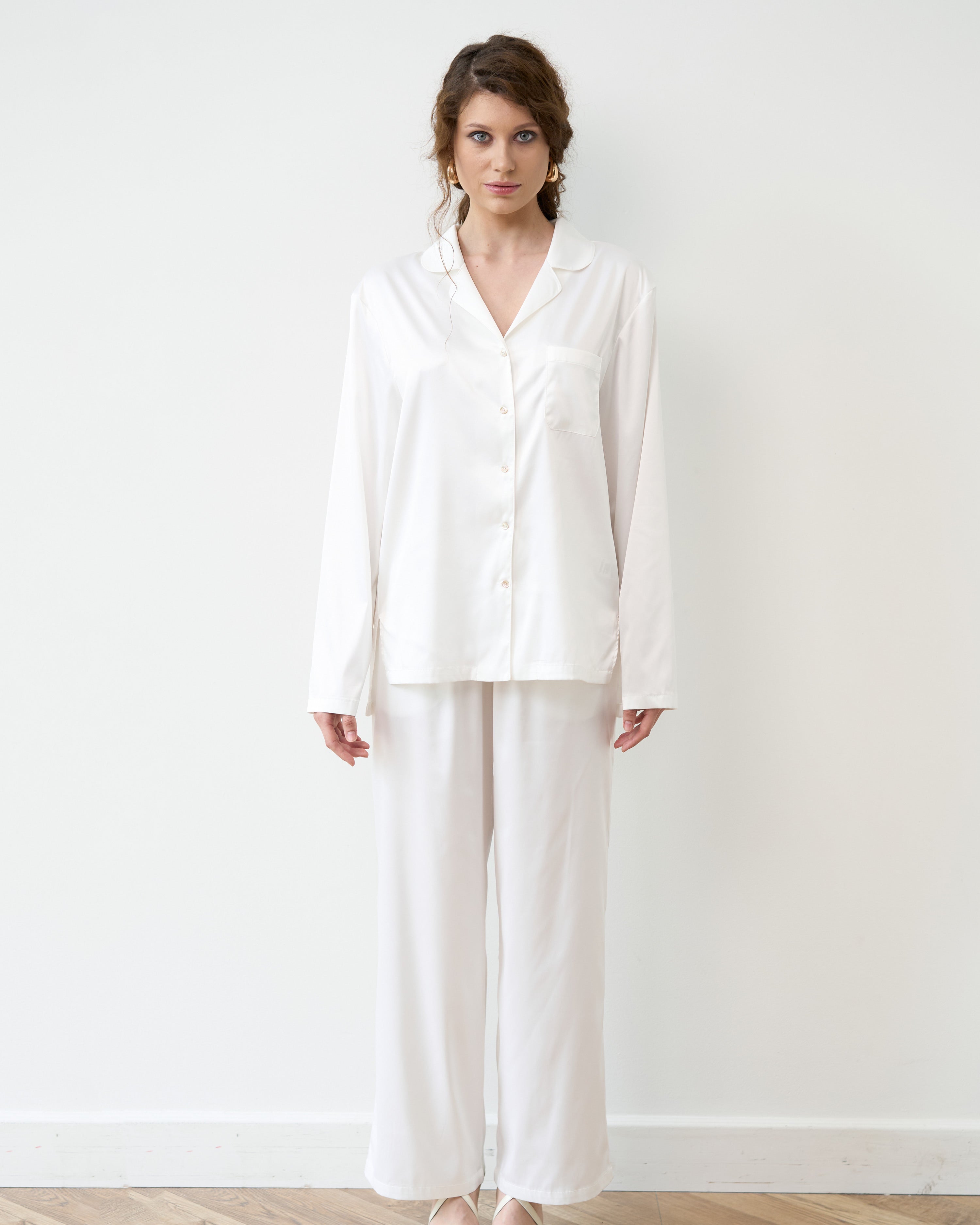 Satin button-up long sleeve Pajama set S03401 white