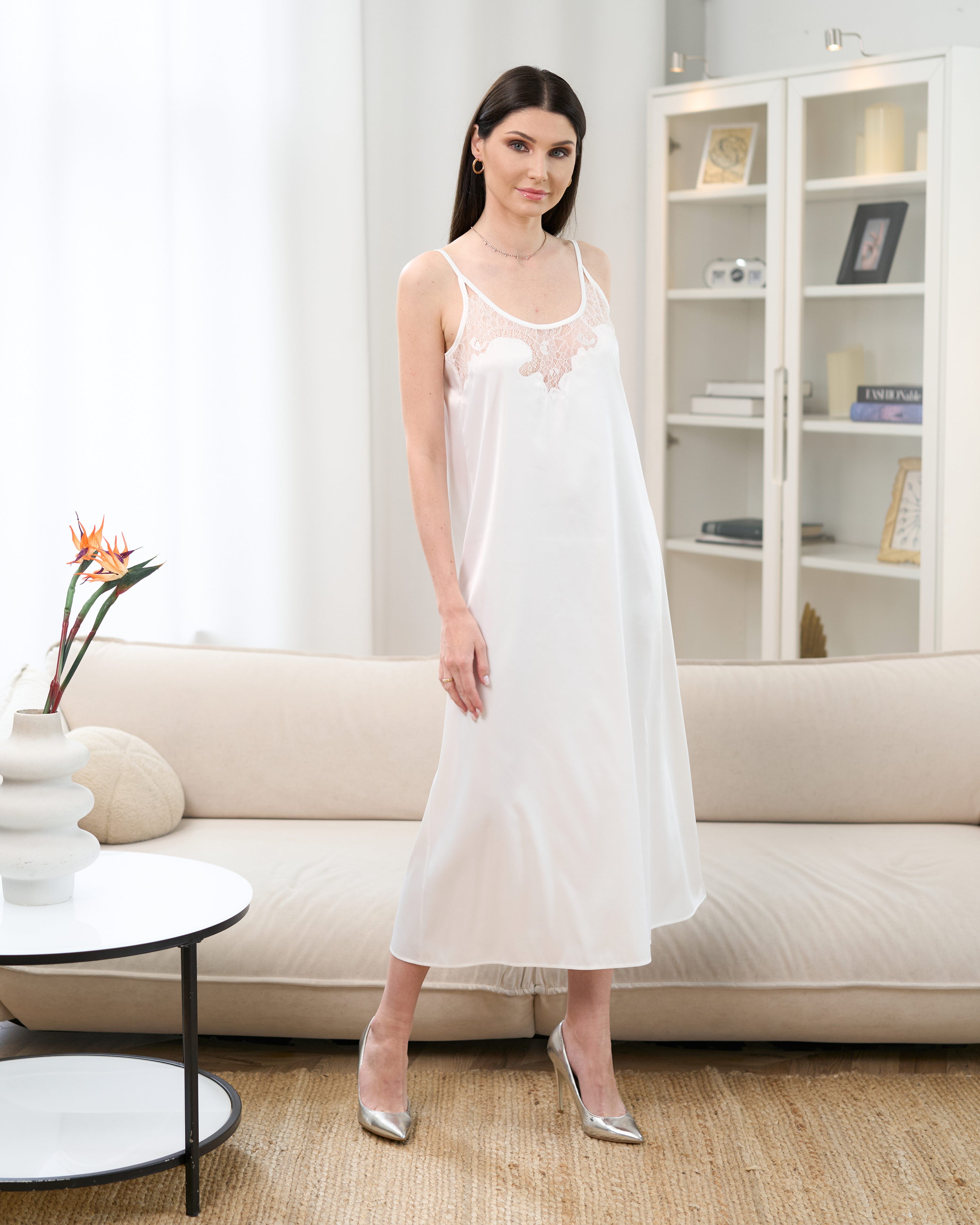 Satin Nightgown spaghetti strap S03403 white