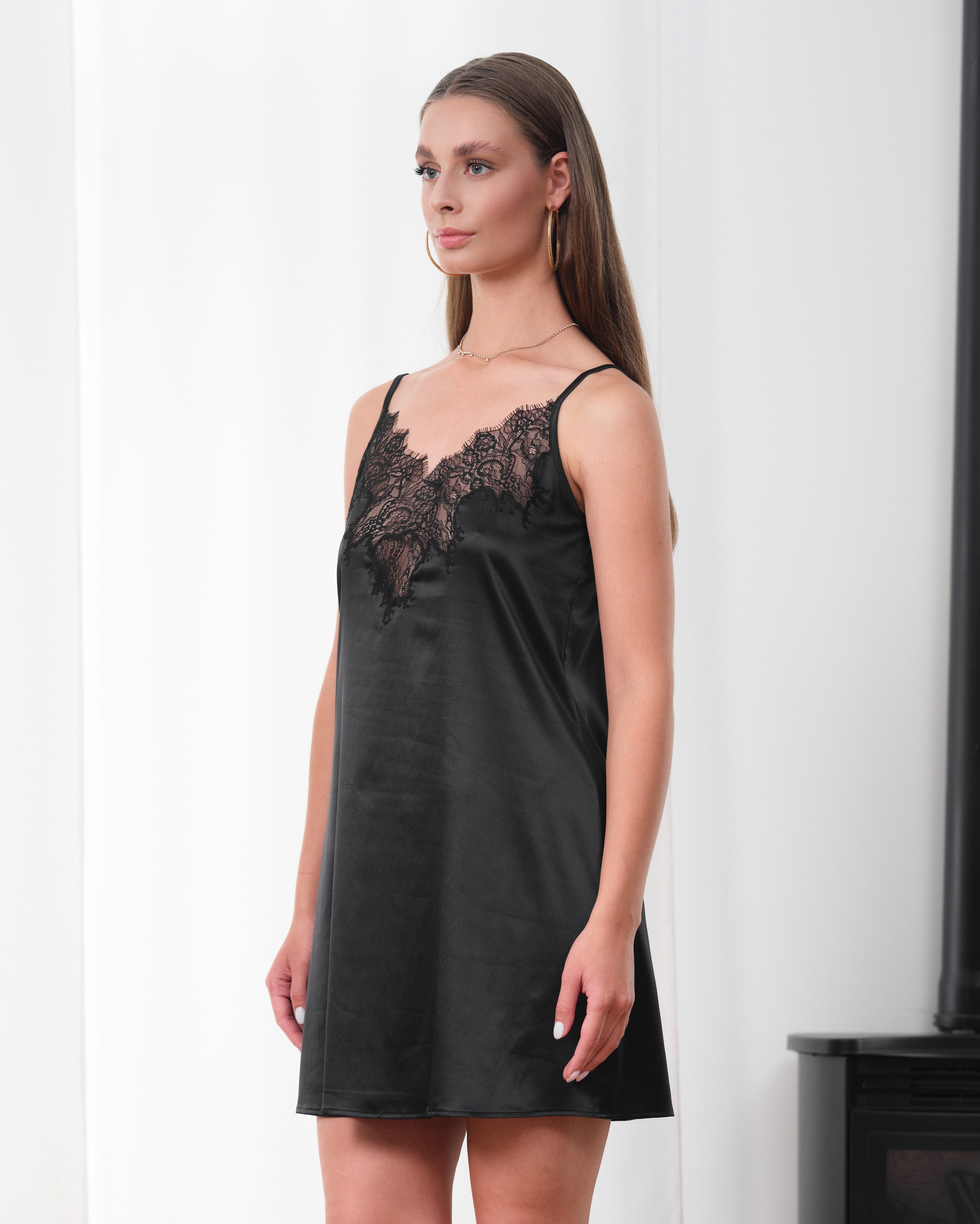 Satin Chemise spaghetti strap S03407 black