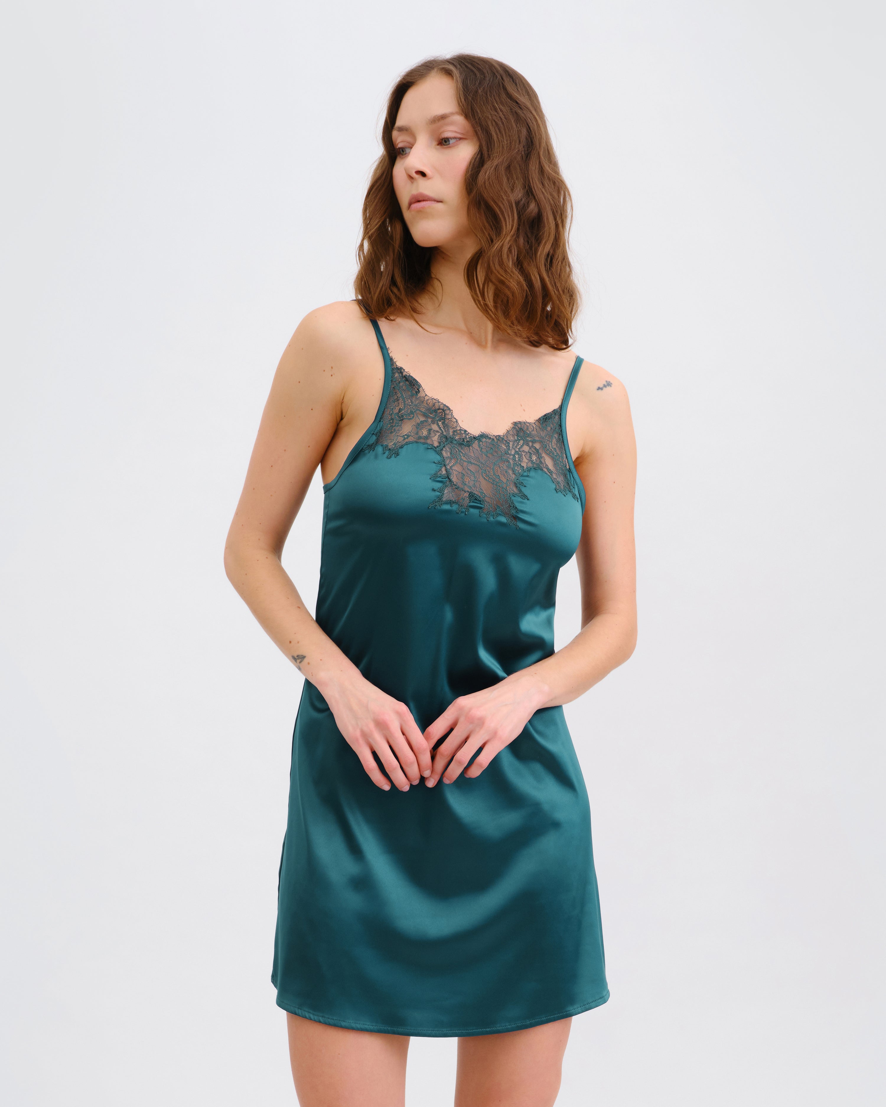 Satin Chemise spaghetti strap S03407 emerald