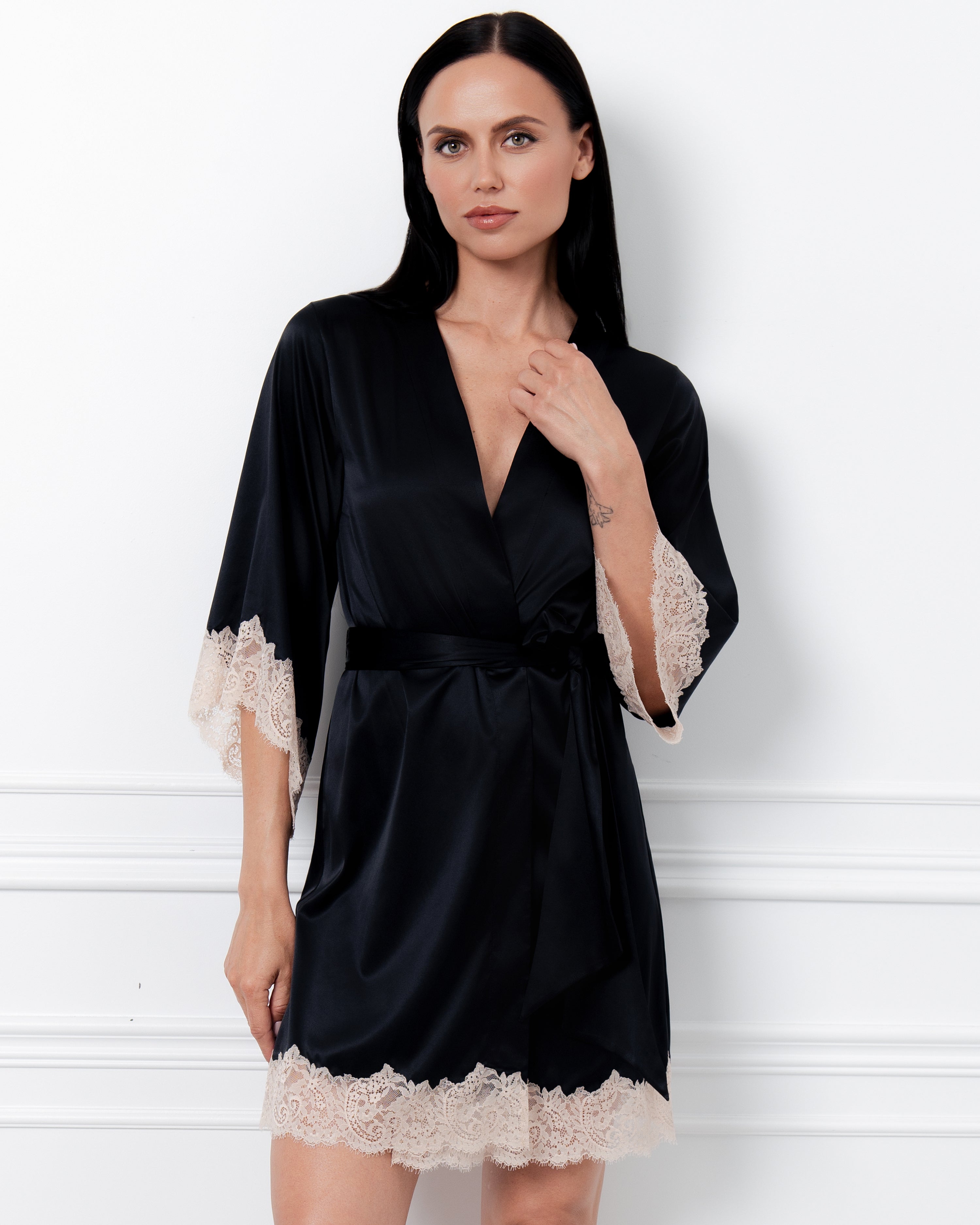 Satin 3/4 sleeve Robe S03414 black