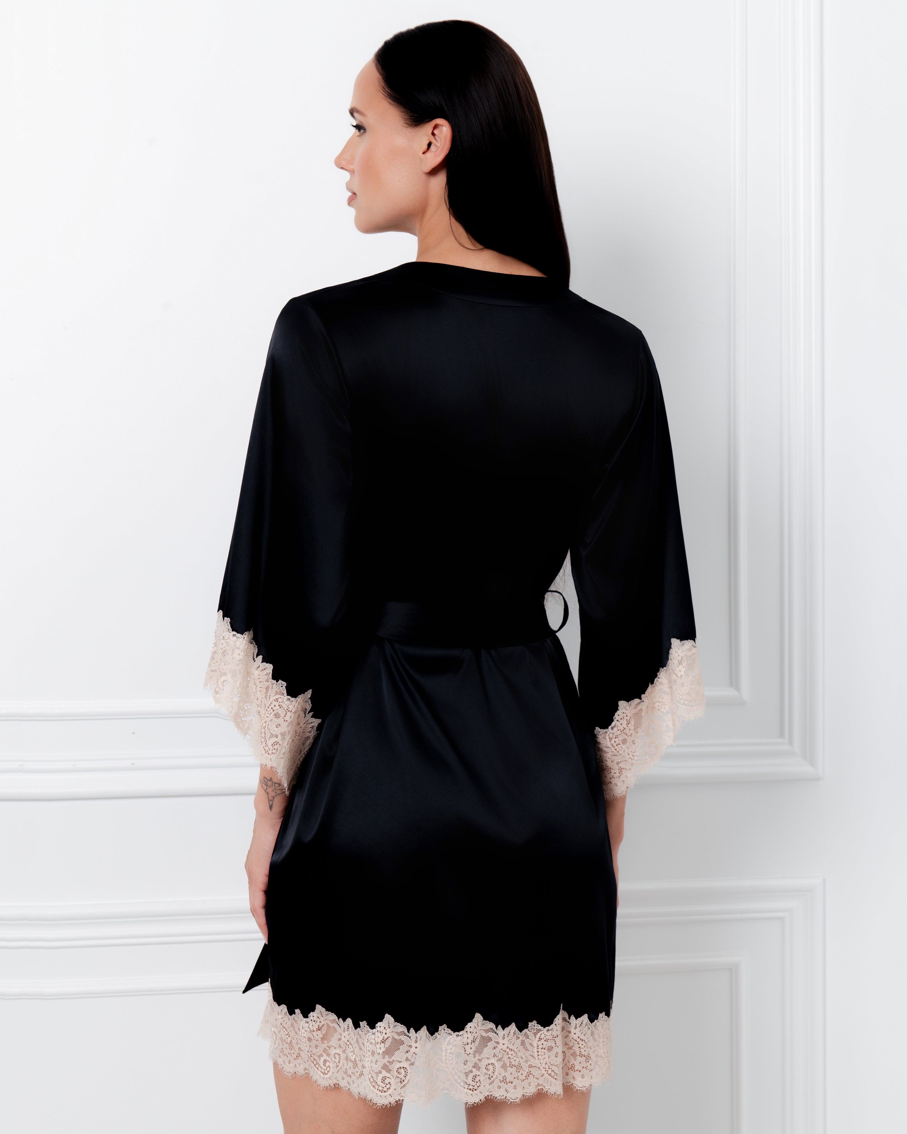 Satin 3/4 sleeve Robe S03414 black