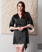 Satin 3/4 sleeve Robe S03414 black