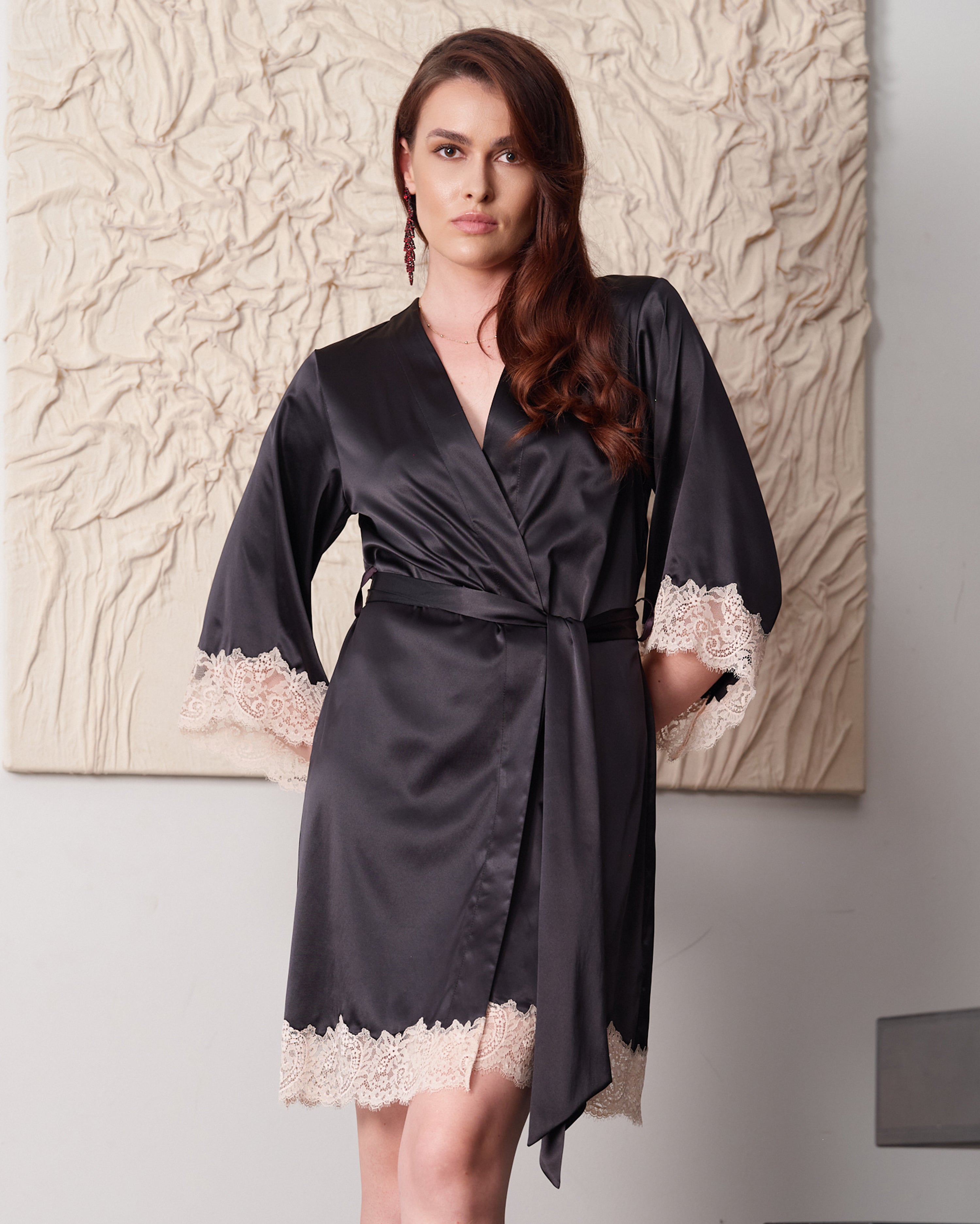 Satin 3/4 sleeve Robe S03414 black