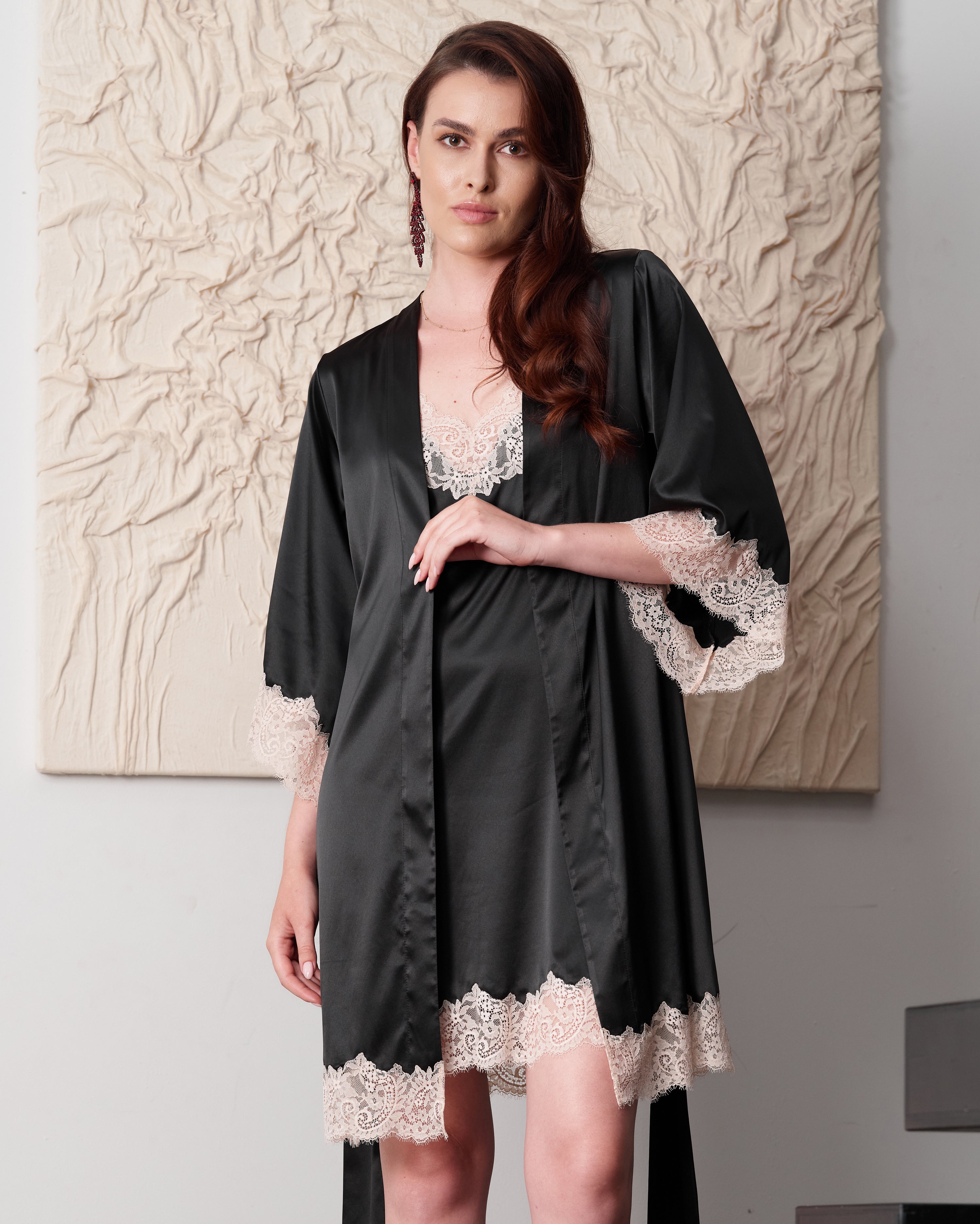 Satin 3/4 sleeve Robe S03414 black