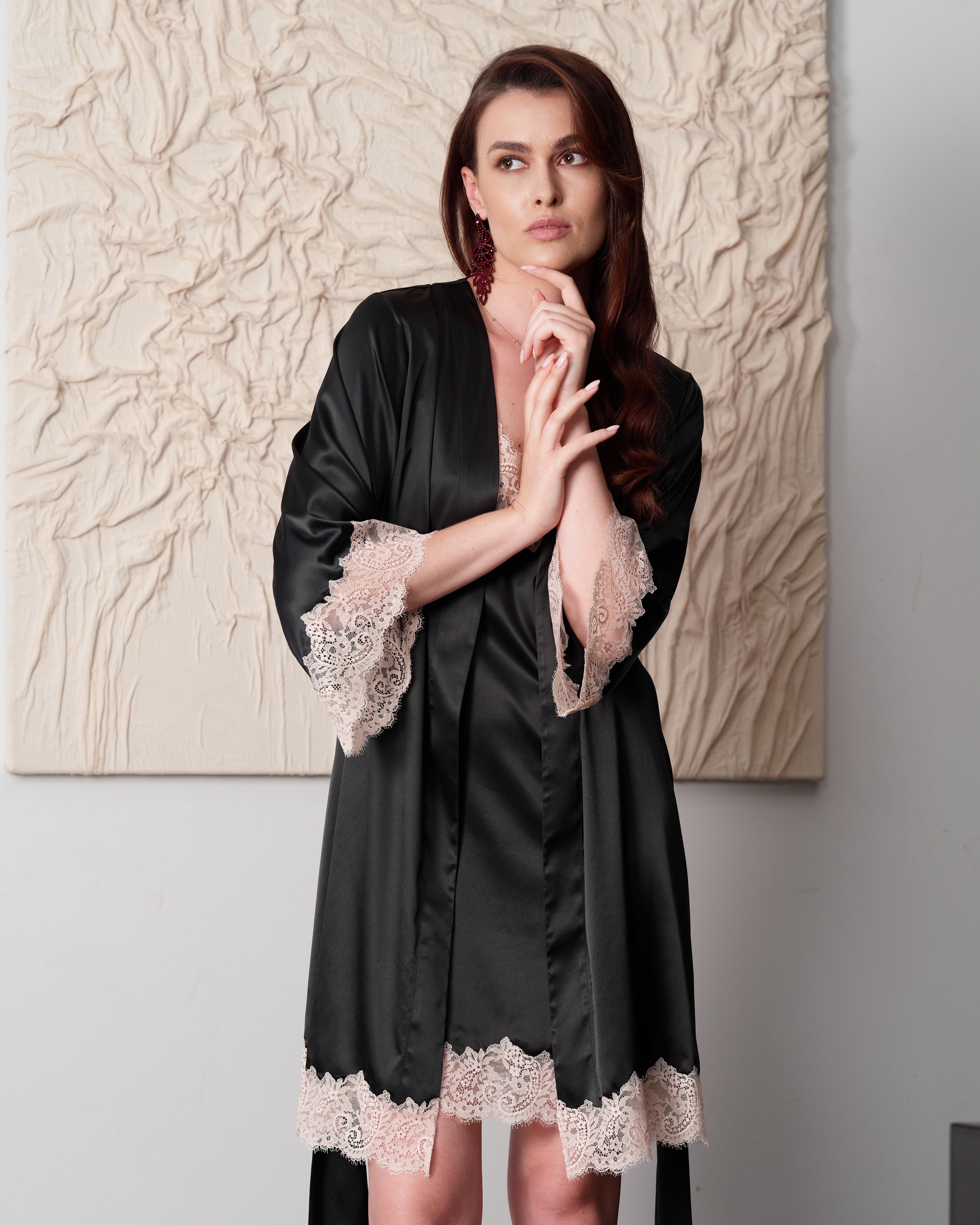 Satin 3/4 sleeve Robe S03414 black