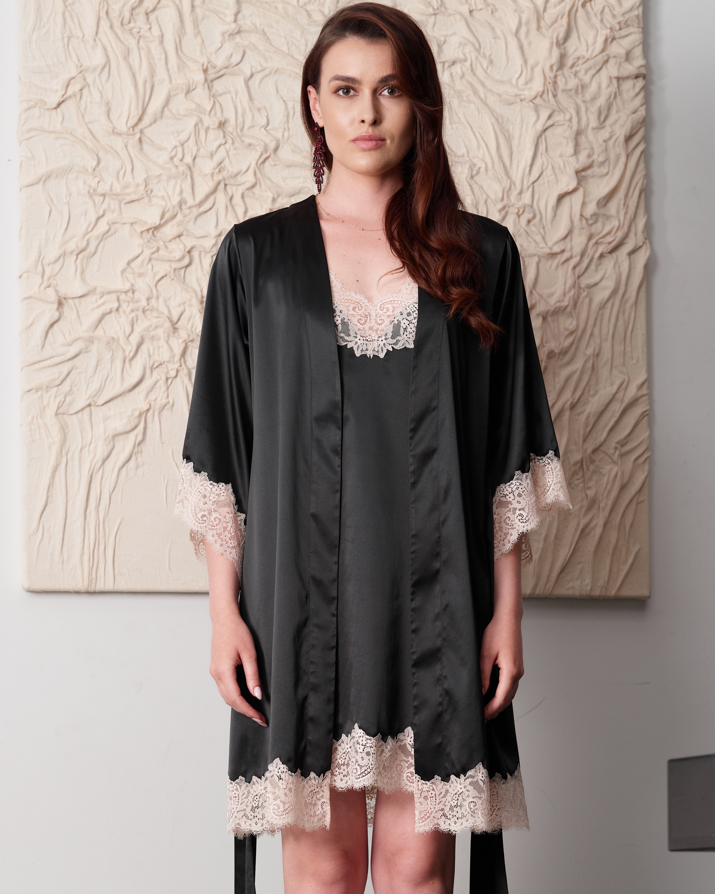 Satin 3/4 sleeve Robe S03414 black