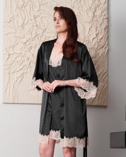 Satin 3/4 sleeve Robe S03414 black