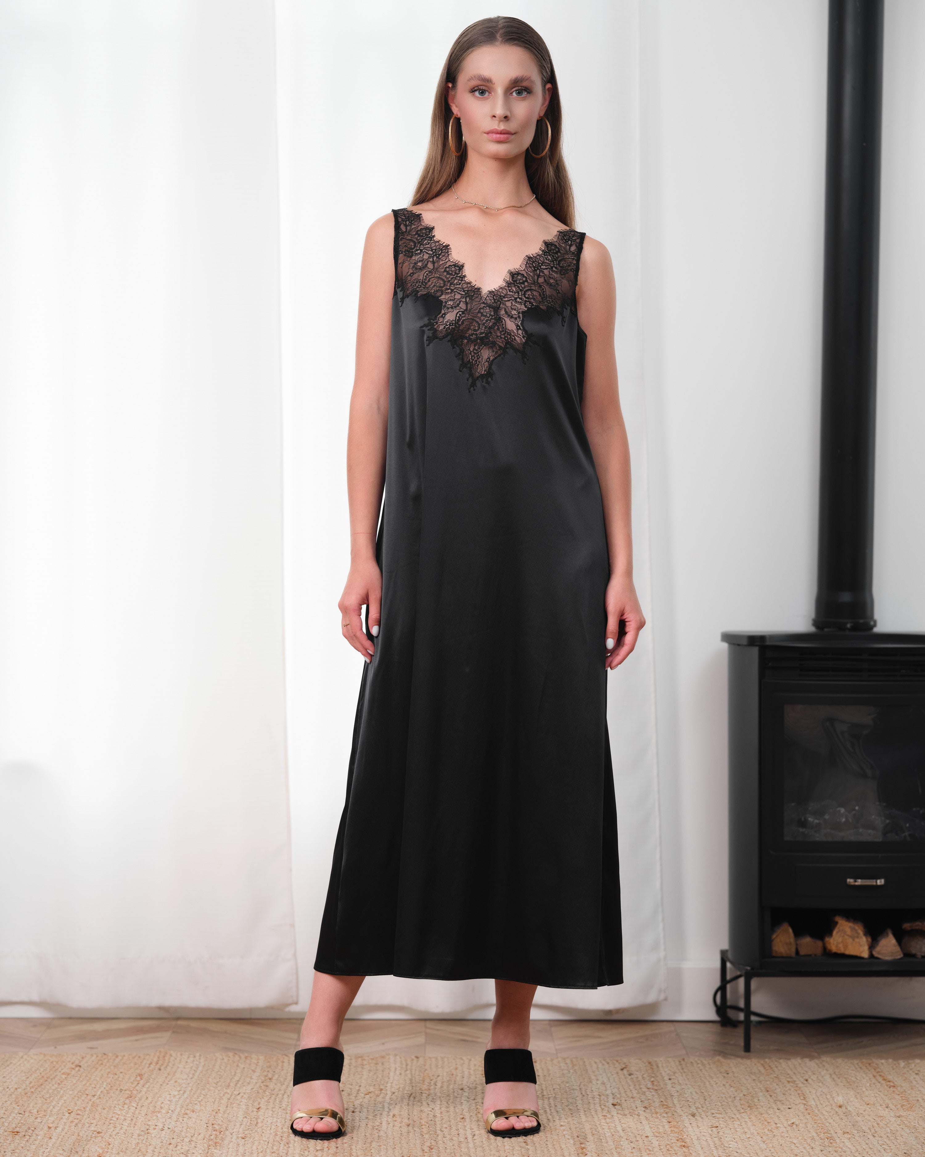 Satin Nightgown spaghetti strap S03418 black