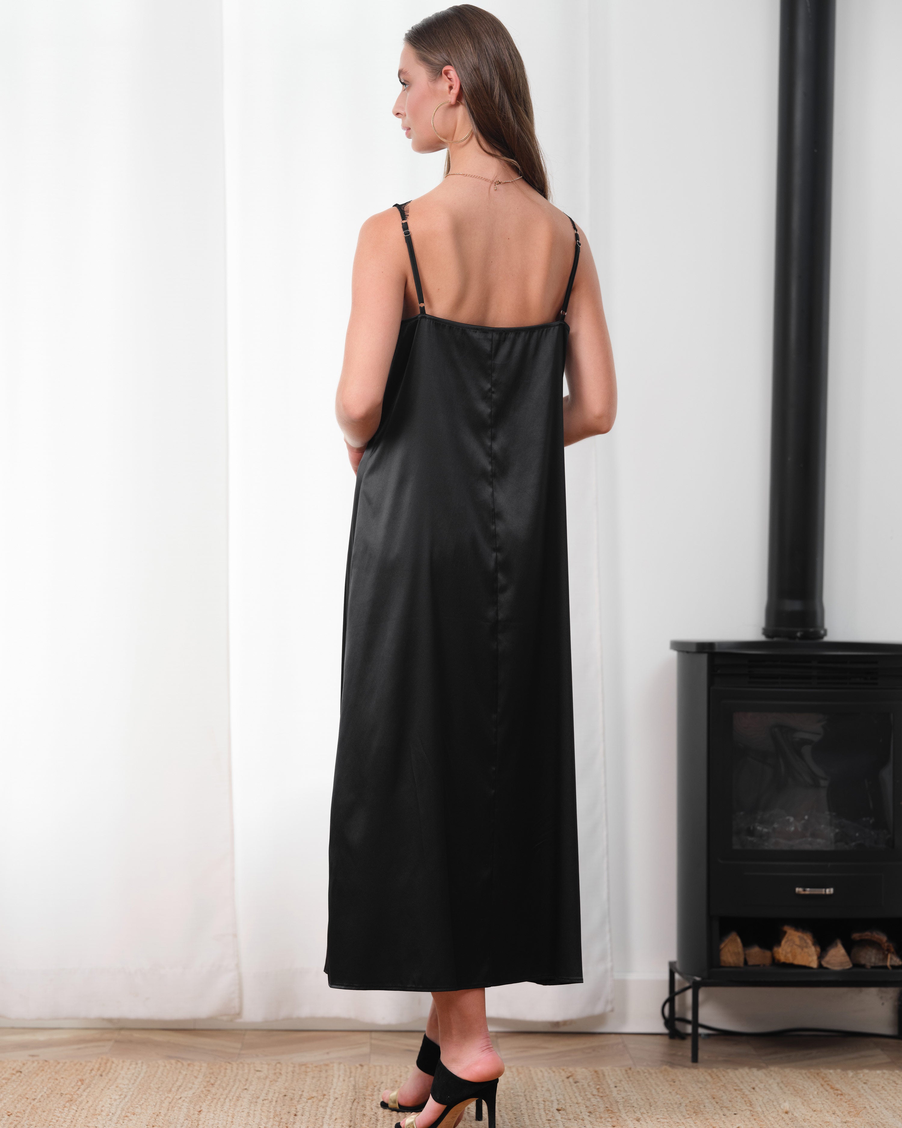 Satin Nightgown spaghetti strap S03418 black