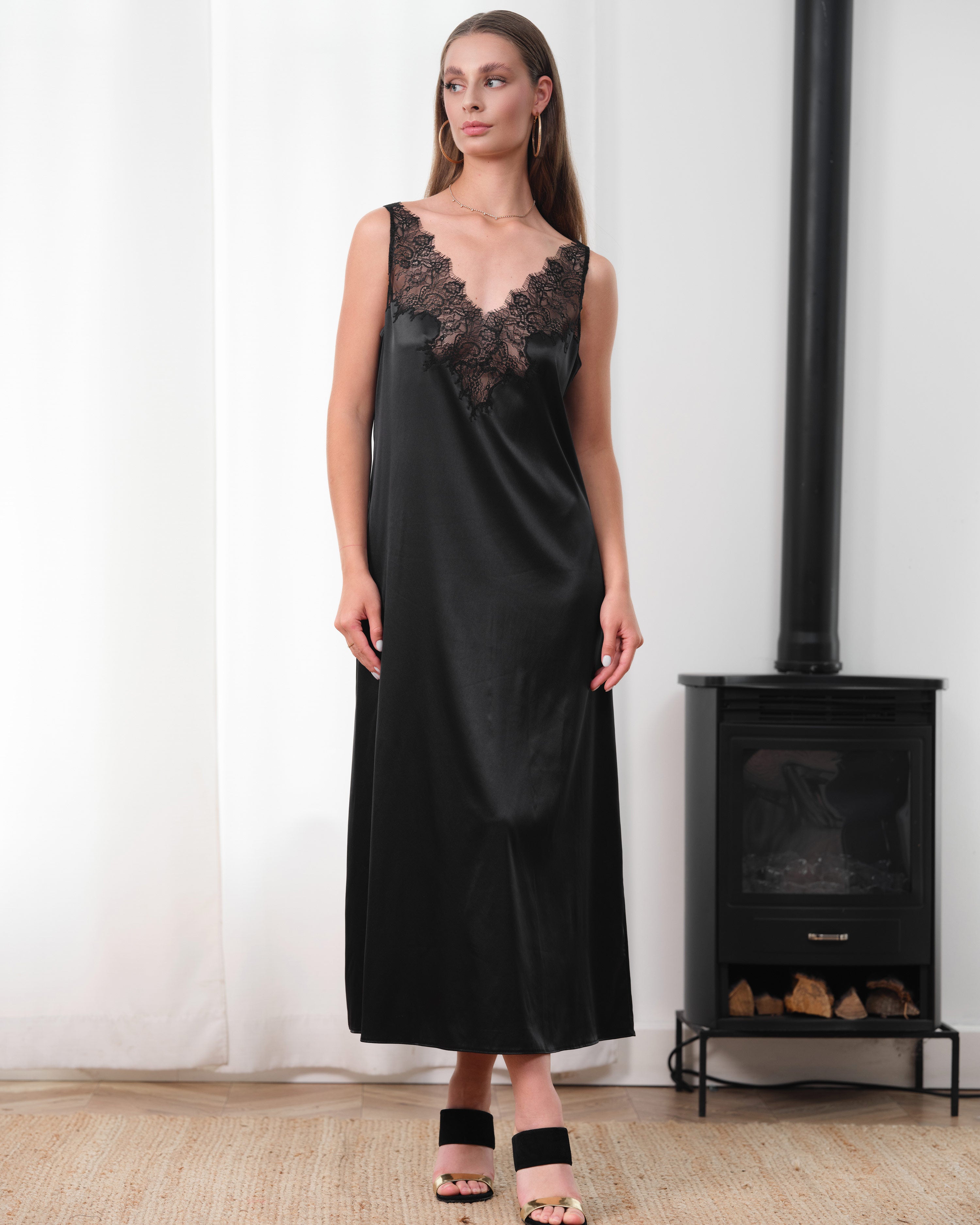 Satin Nightgown spaghetti strap S03418 black