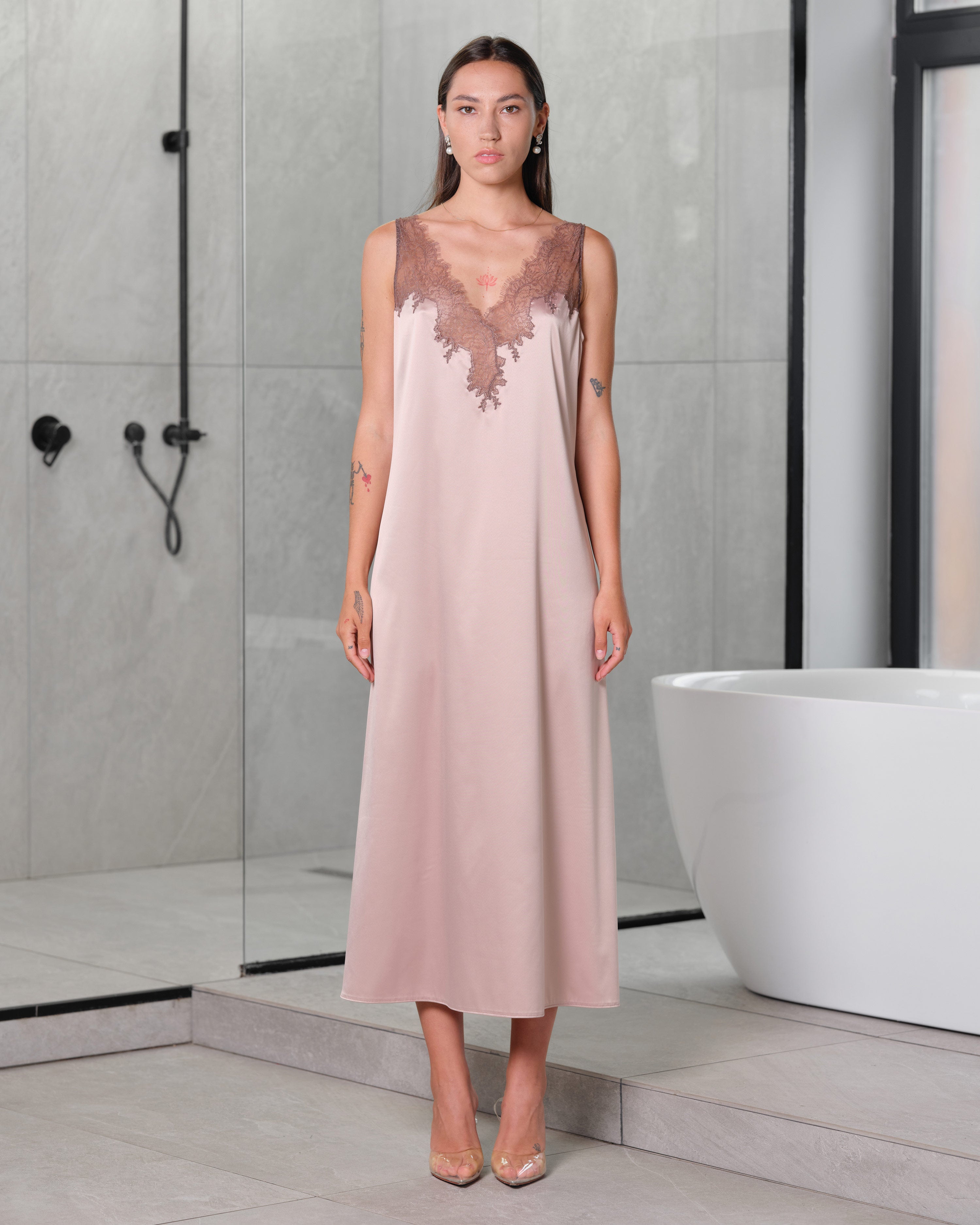 Satin Nightgown spaghetti strap S03418 rose gold